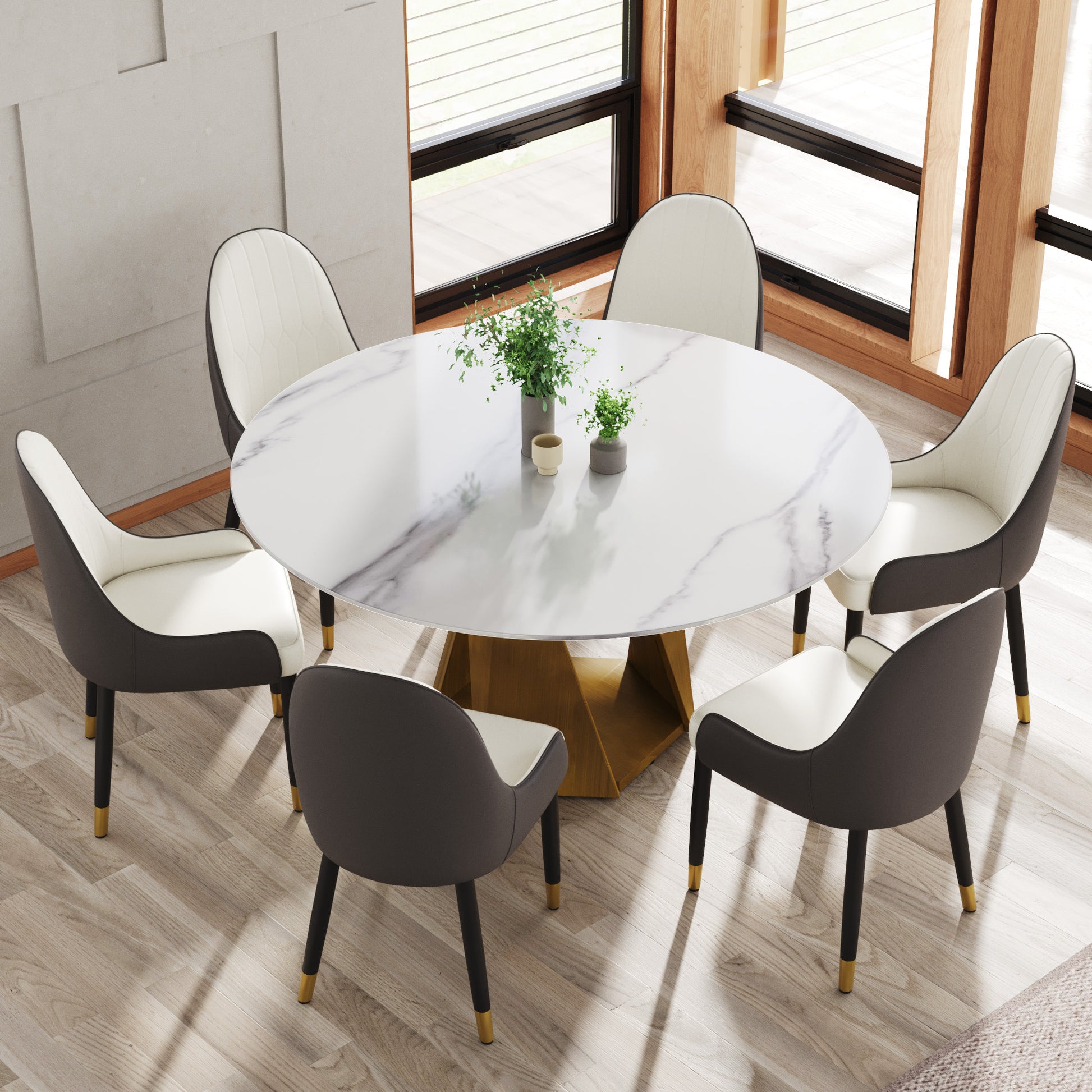 Modern marble dining table set with upholstered chairs