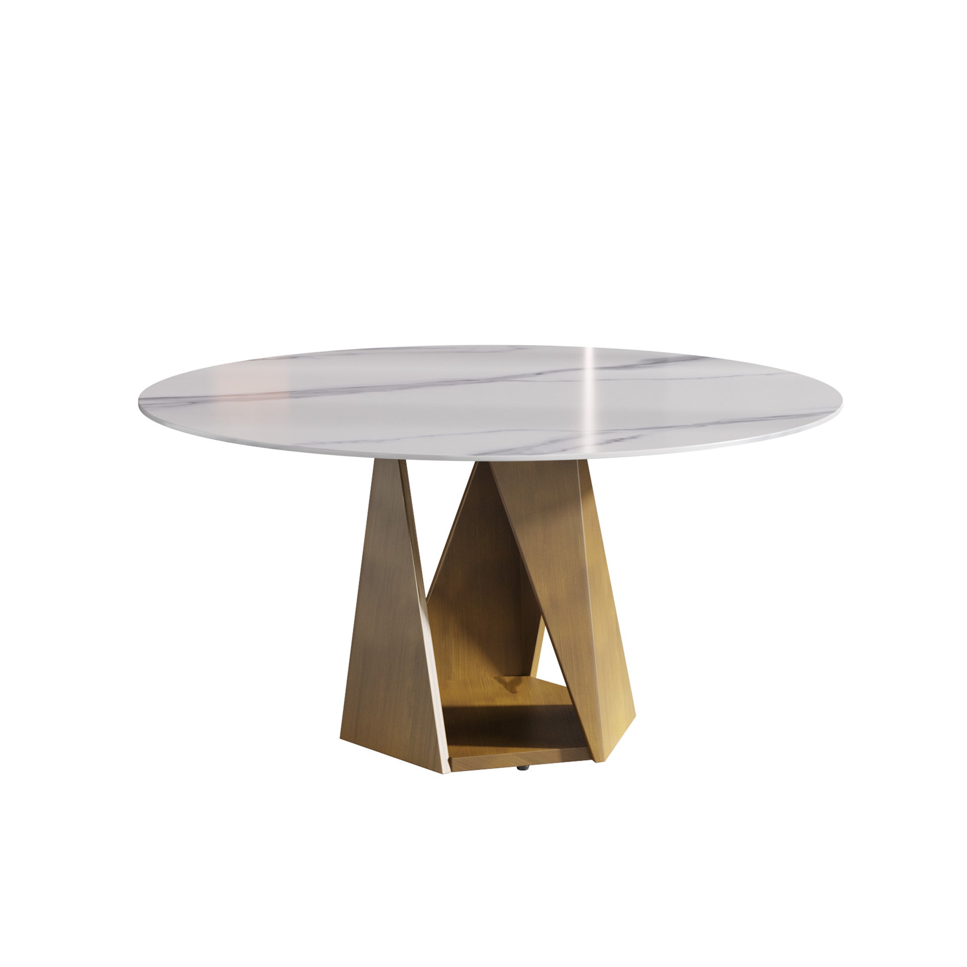 Round marble dining table with brushed gold geometric base