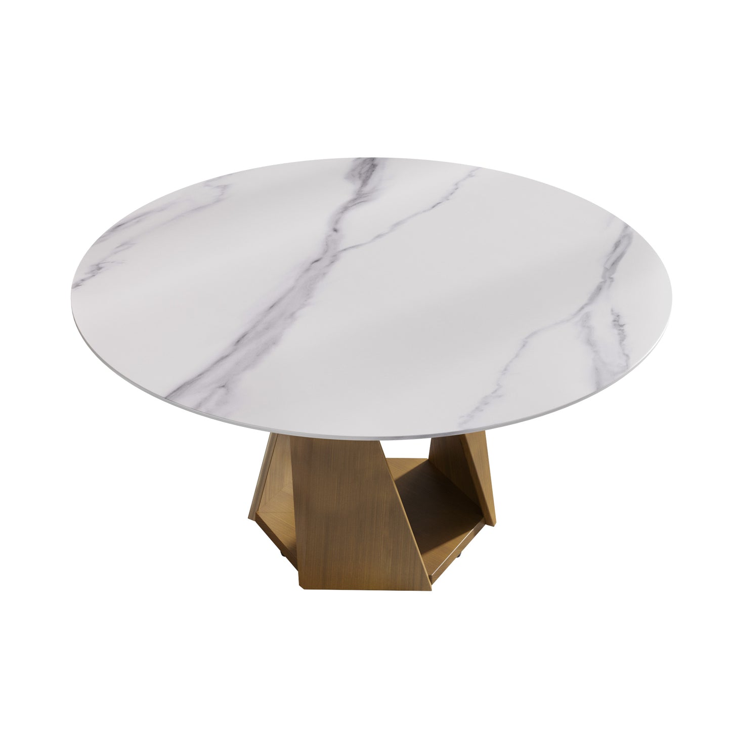 Round marble top dining table with unique gold geometric base