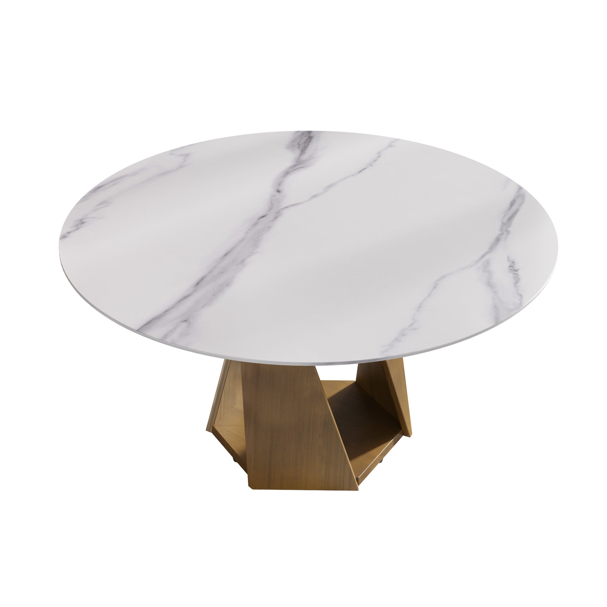 Round marble top dining table with unique gold geometric base