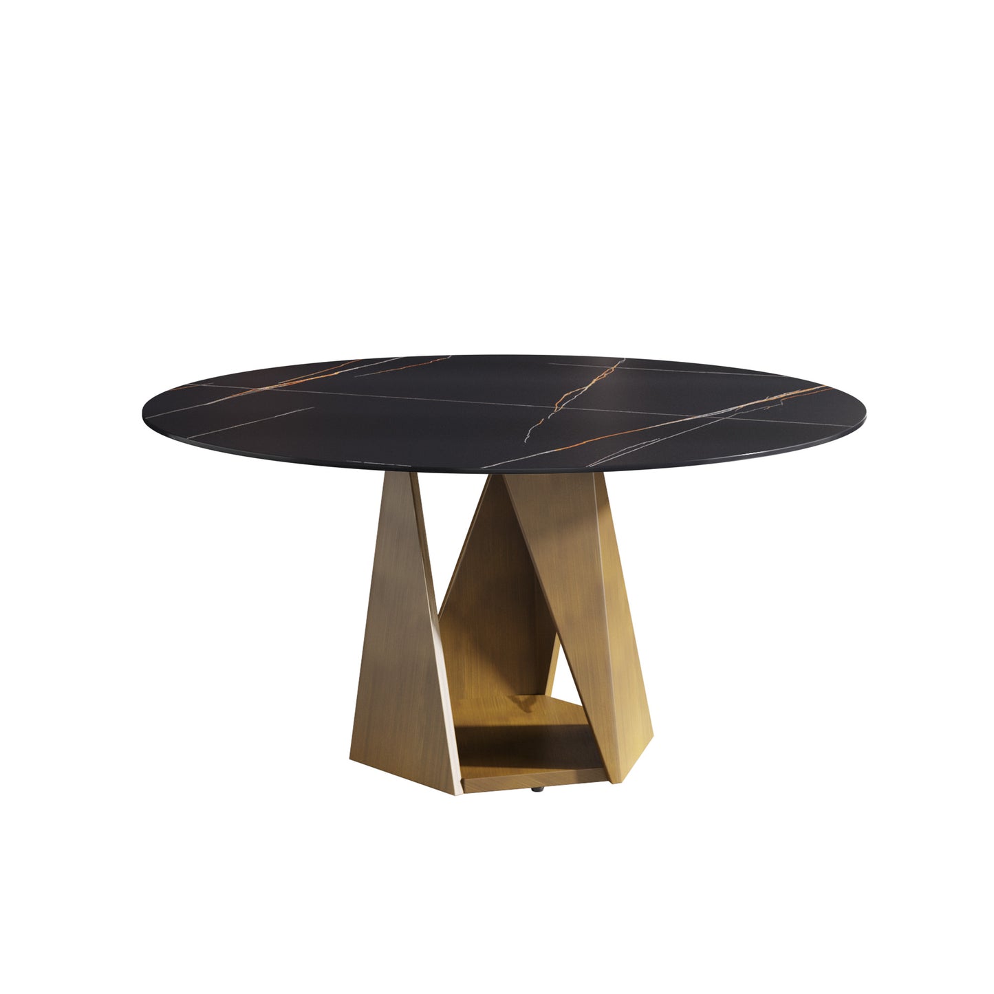 Round black marble dining table with gold veining and geometric brass base