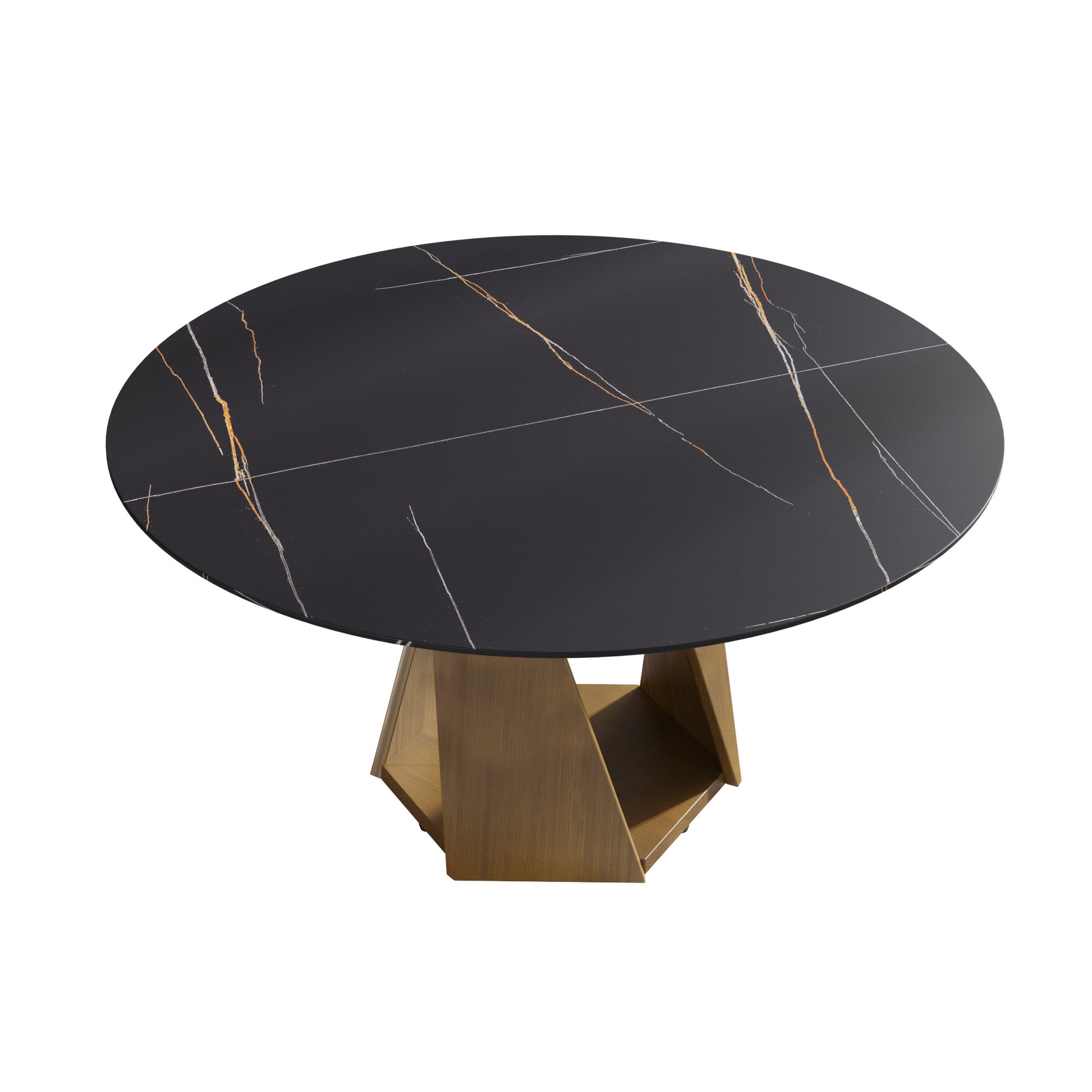 Round black marble dining table with gold veining and brass geometric base