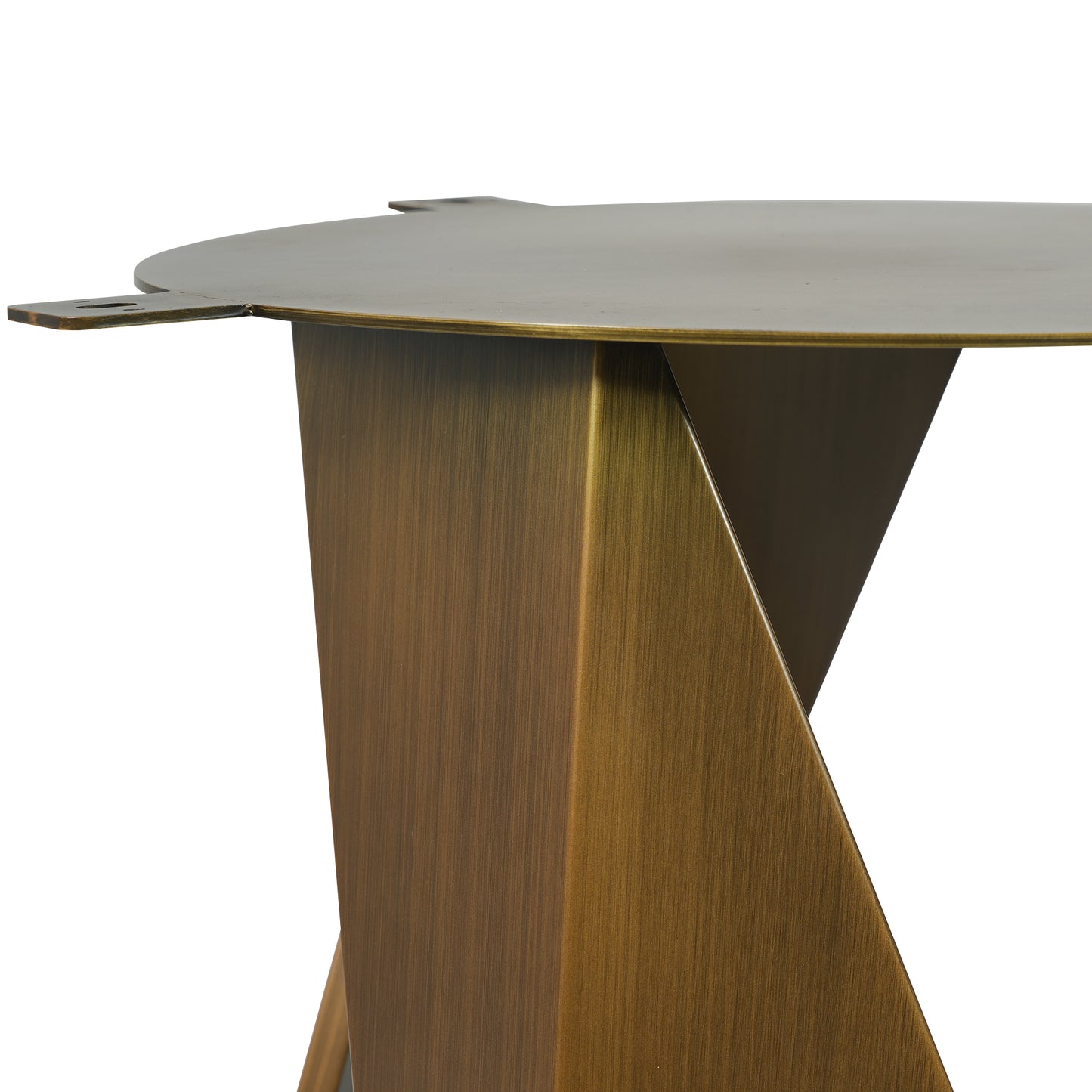 Brushed bronze metal coffee table with abstract geometric base