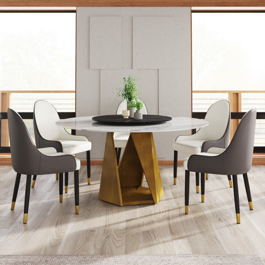 Modern marble dining table with gold geometric base and upholstered chairs