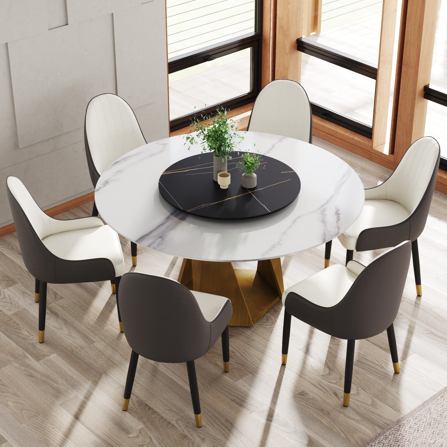 Modern marble dining table with rotating tray and six chairs