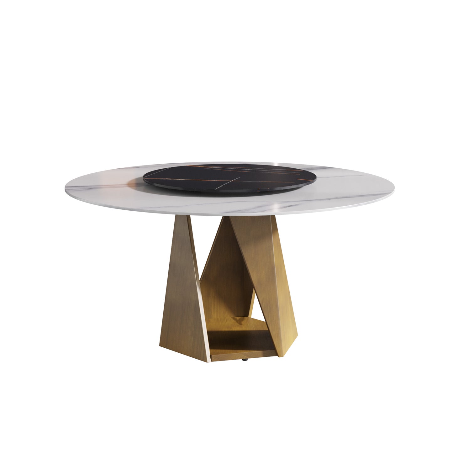 Round marble top dining table with brushed brass geometric base