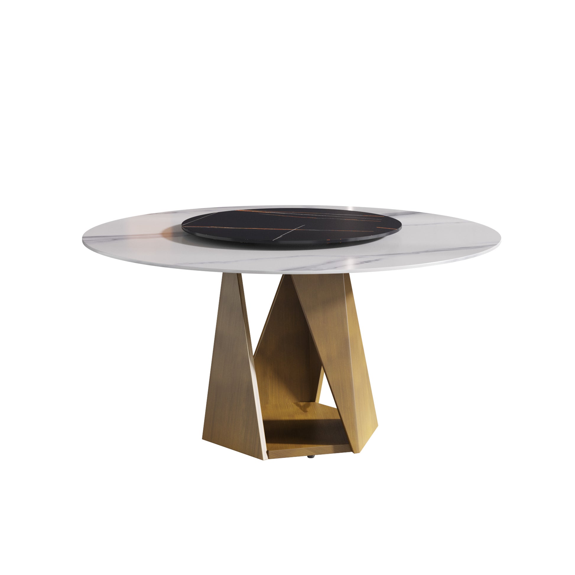 Round marble top dining table with brushed brass geometric base