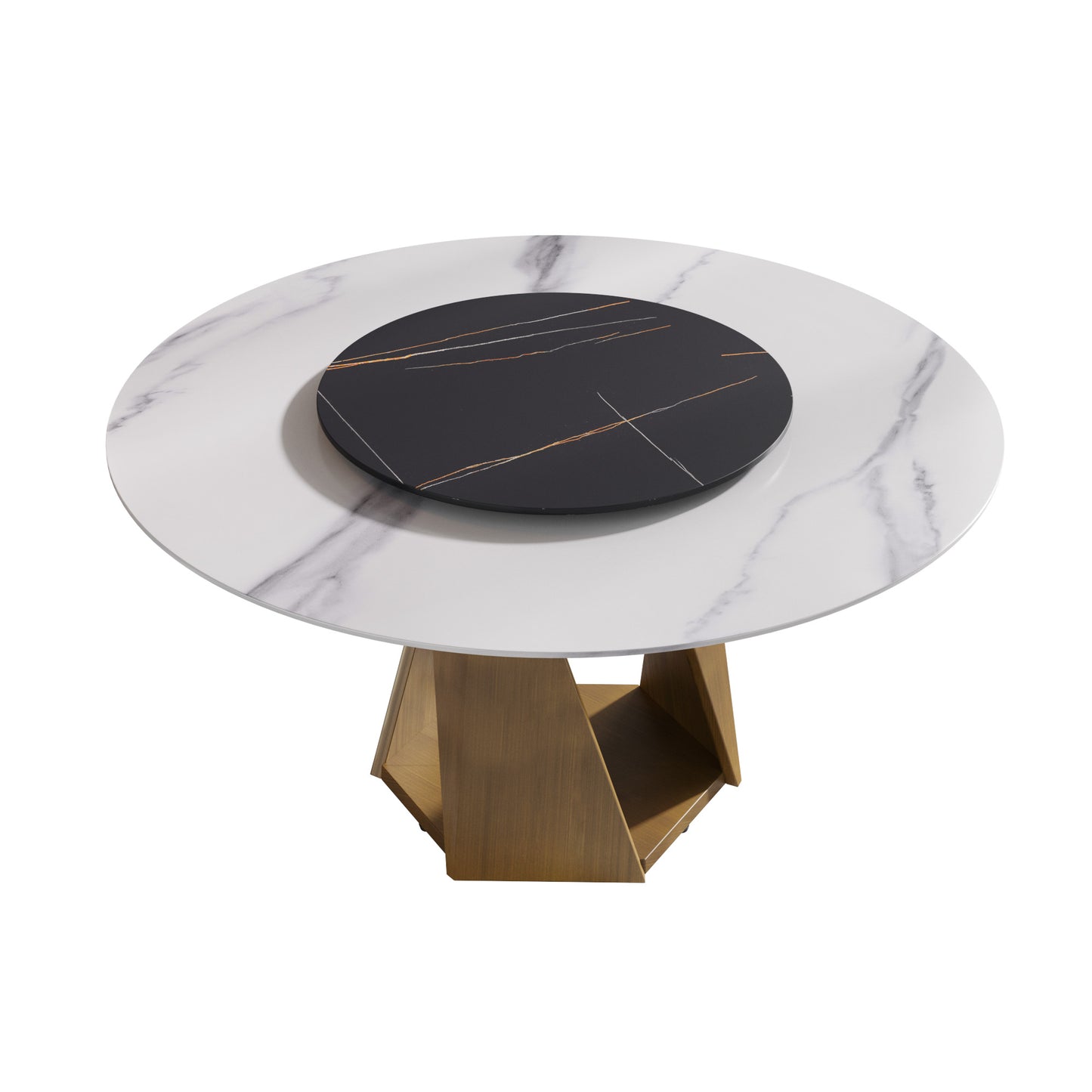 Round marble top dining table with gold accents and geometric wood base