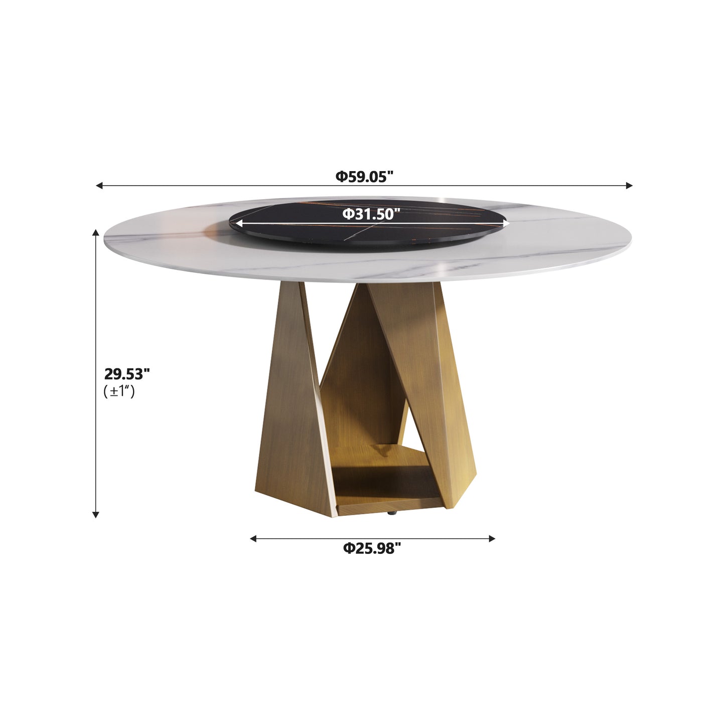 Round marble dining table with a brass geometric base