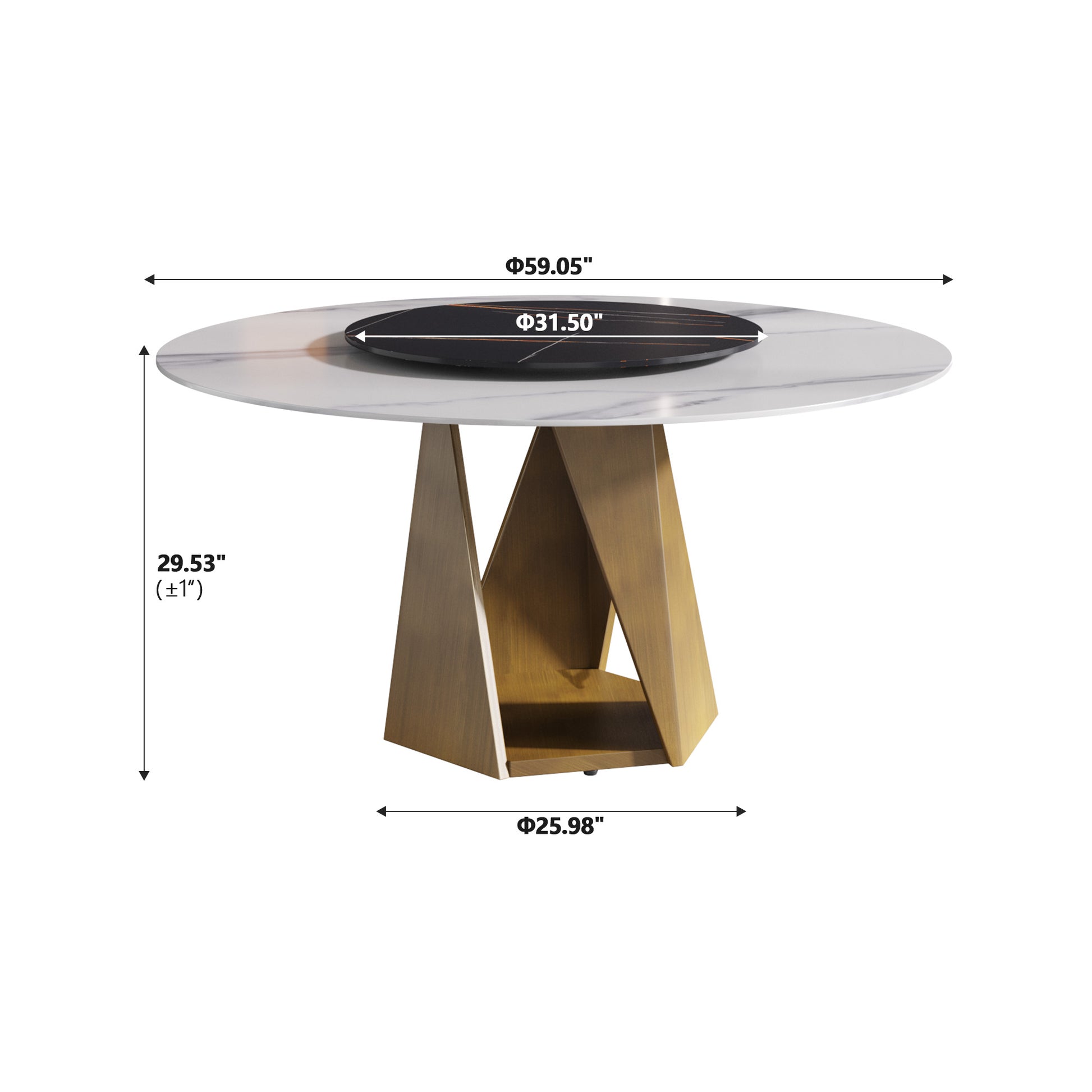 Round marble dining table with a brass geometric base