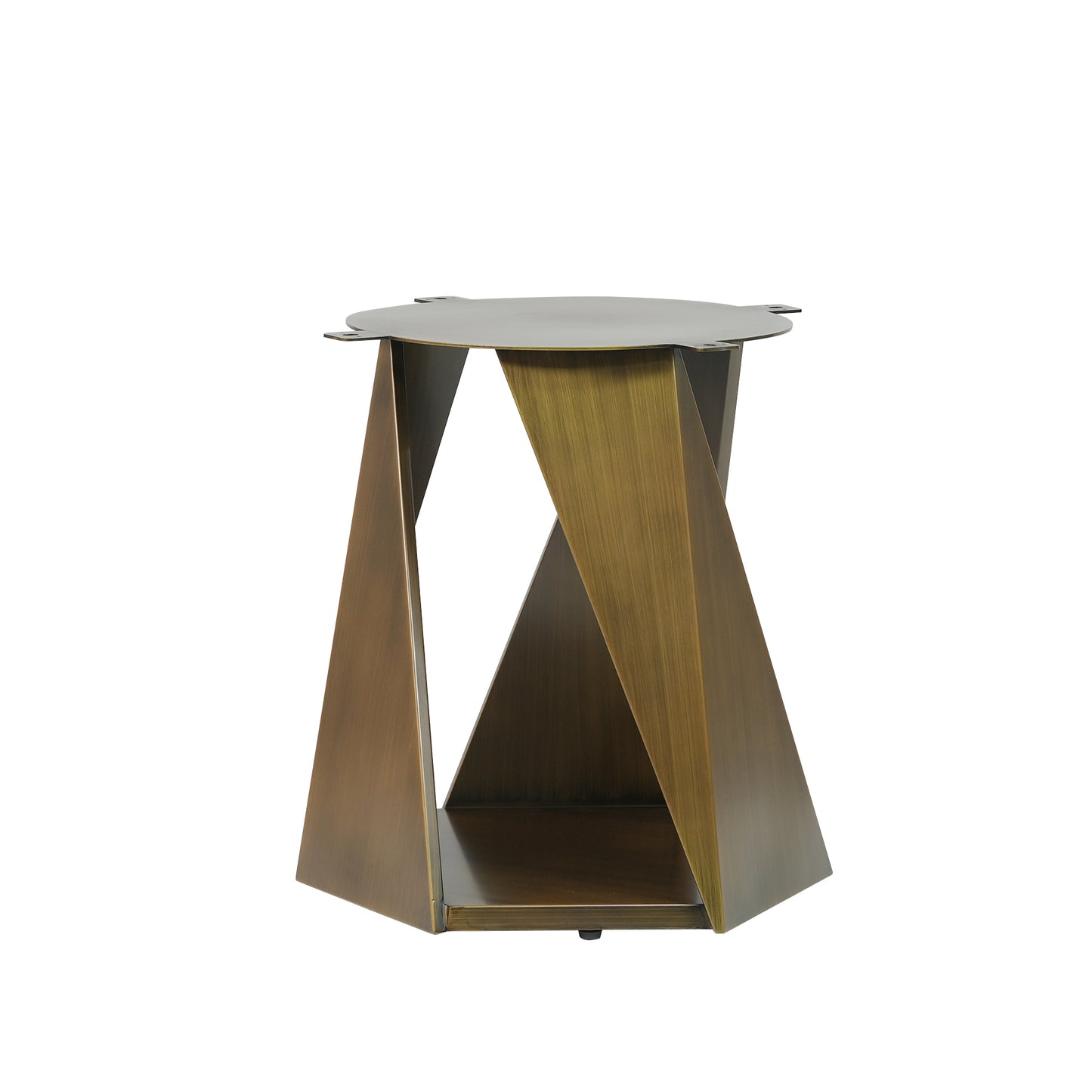 Bronze geometric end table with abstract base and round top
