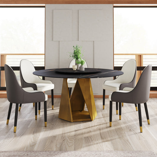 Modern black marble dining table with gold geometric base