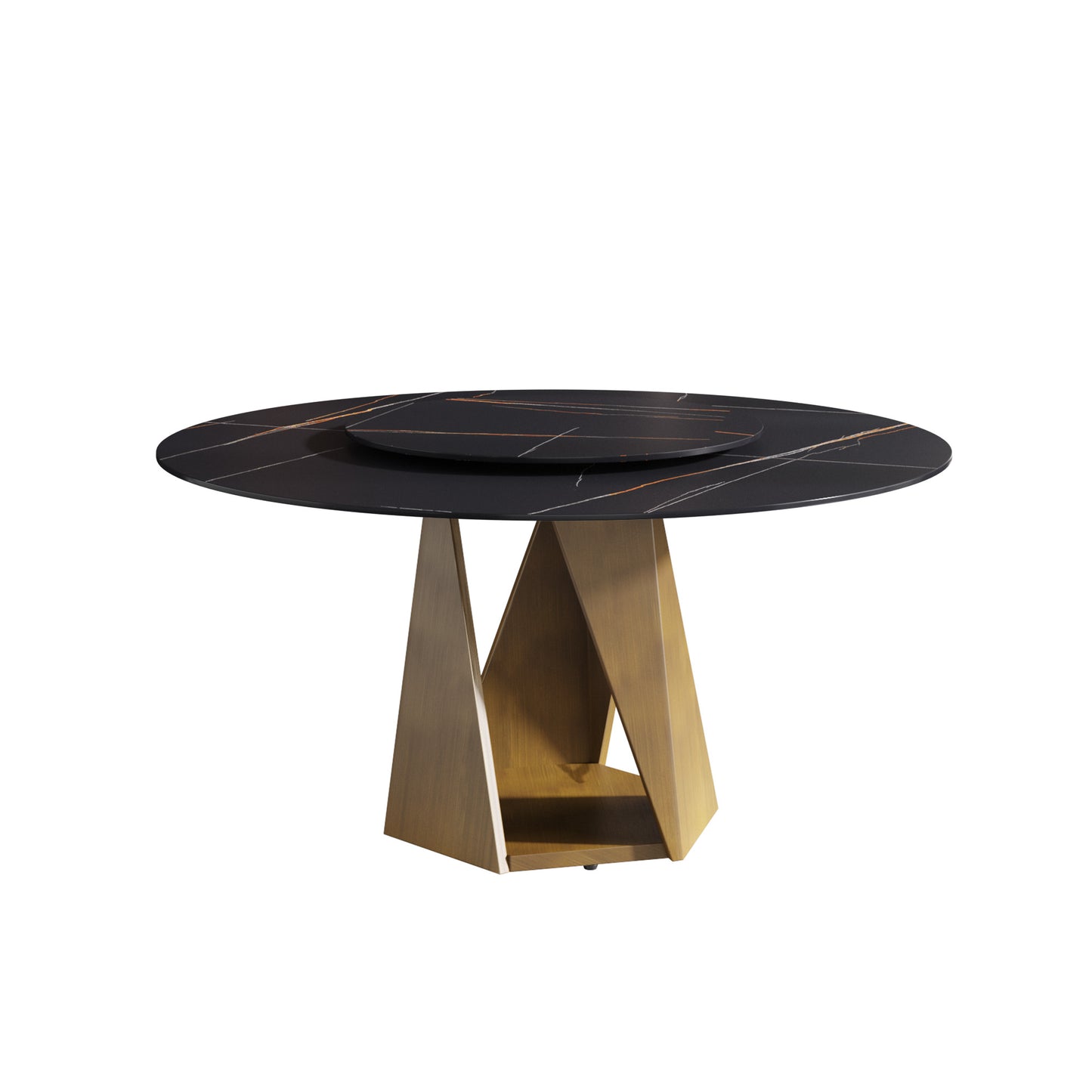 Black marble dining table with gold geometric base and lazy susan