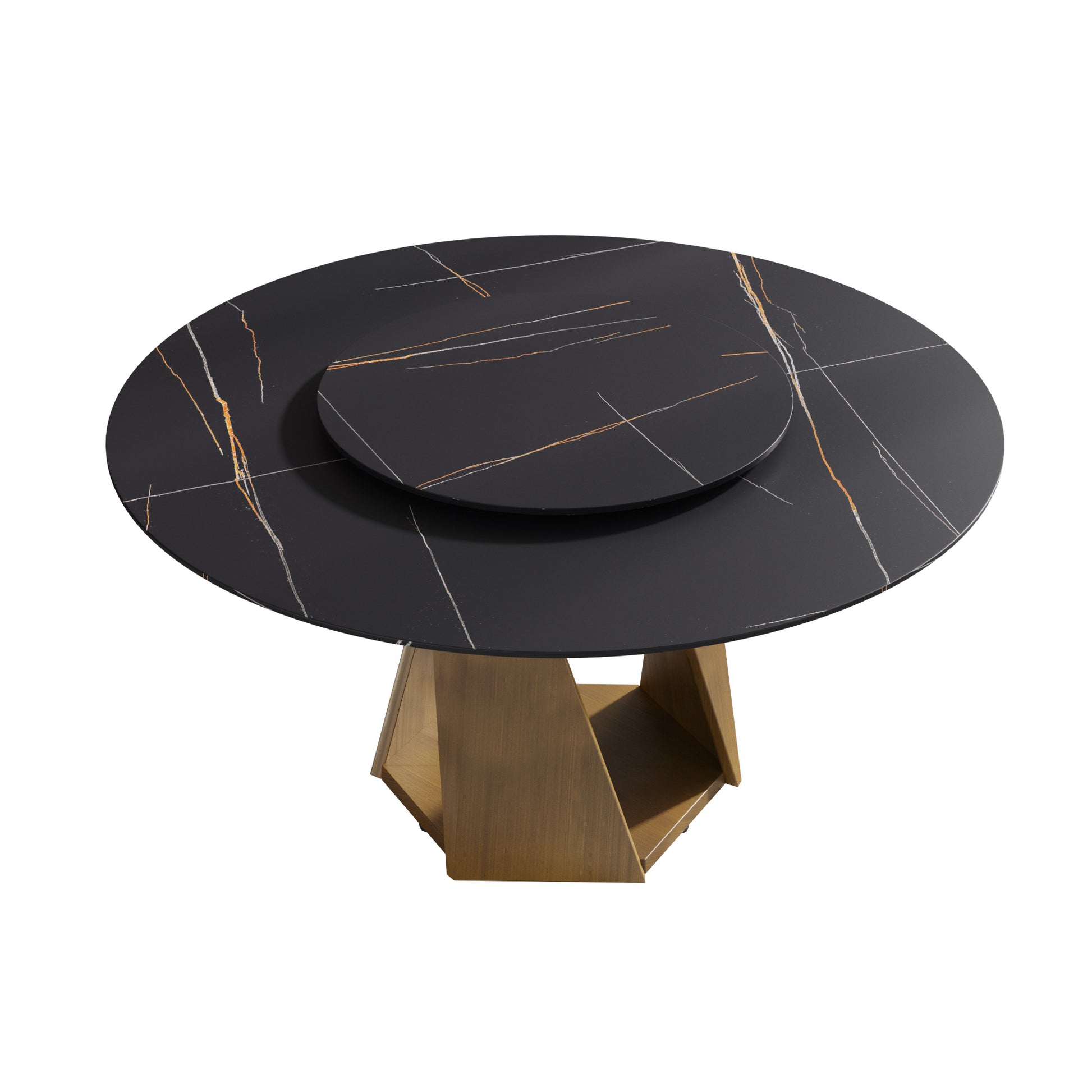 Black marbleeffect round dining table with gold accents and wood geometric base