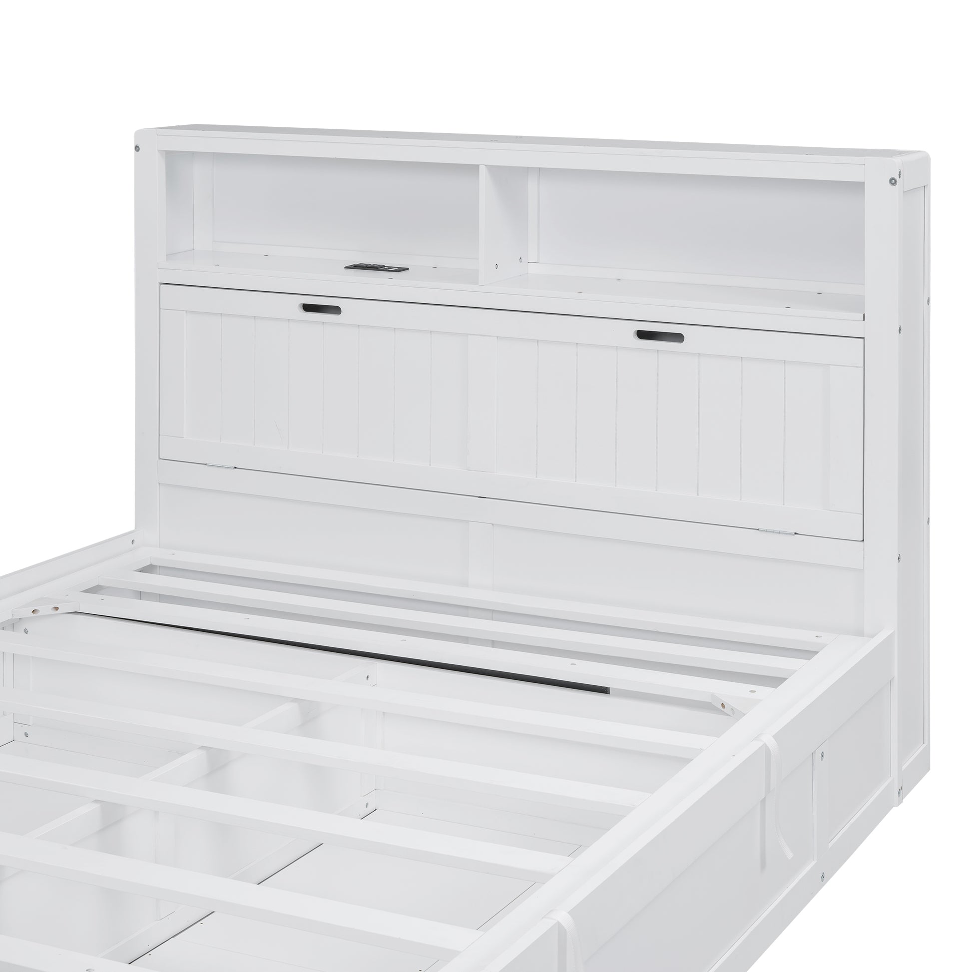 White wooden bed frame with integrated storage headboard and slatted base