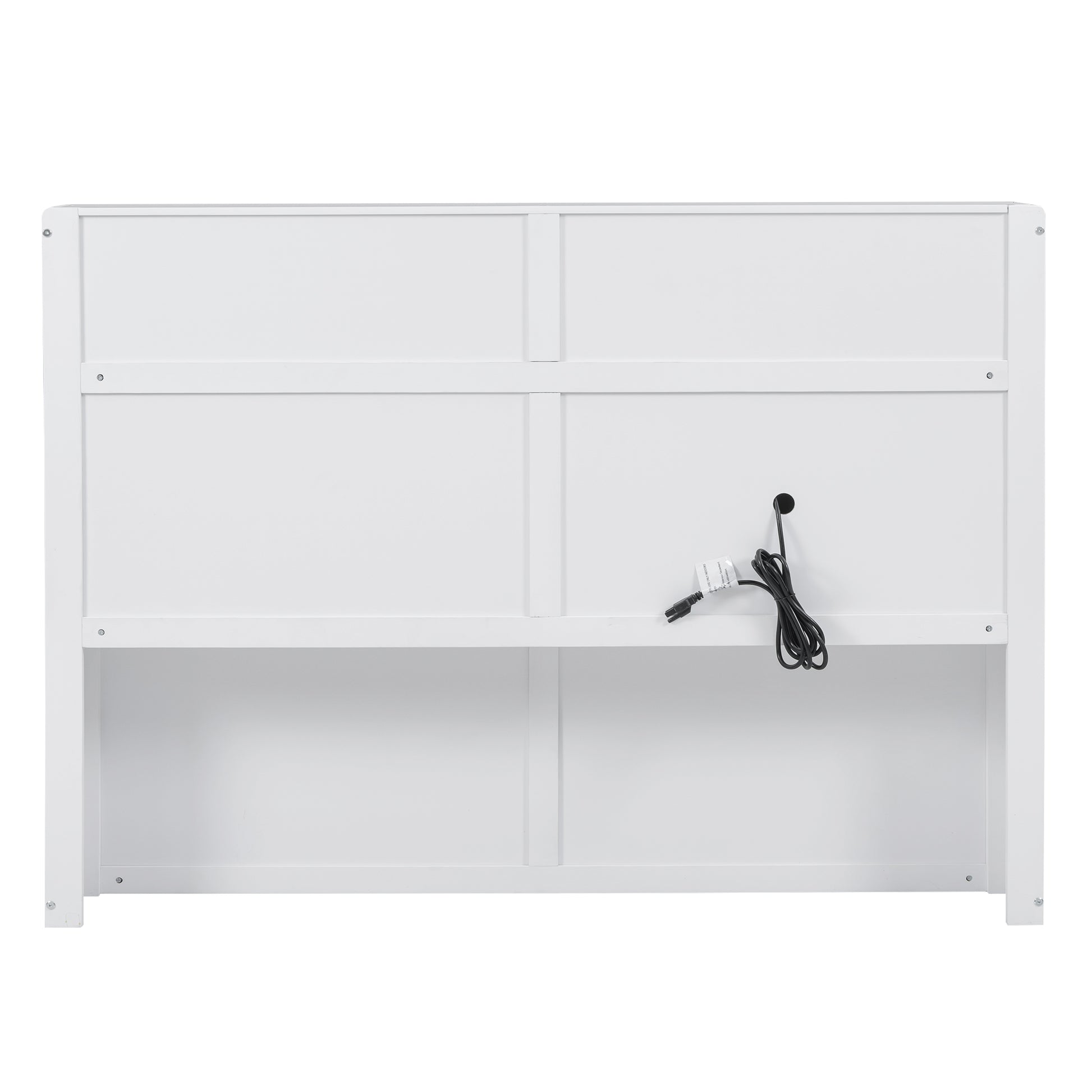 White wooden headboard with electrical cord and adapter visible
