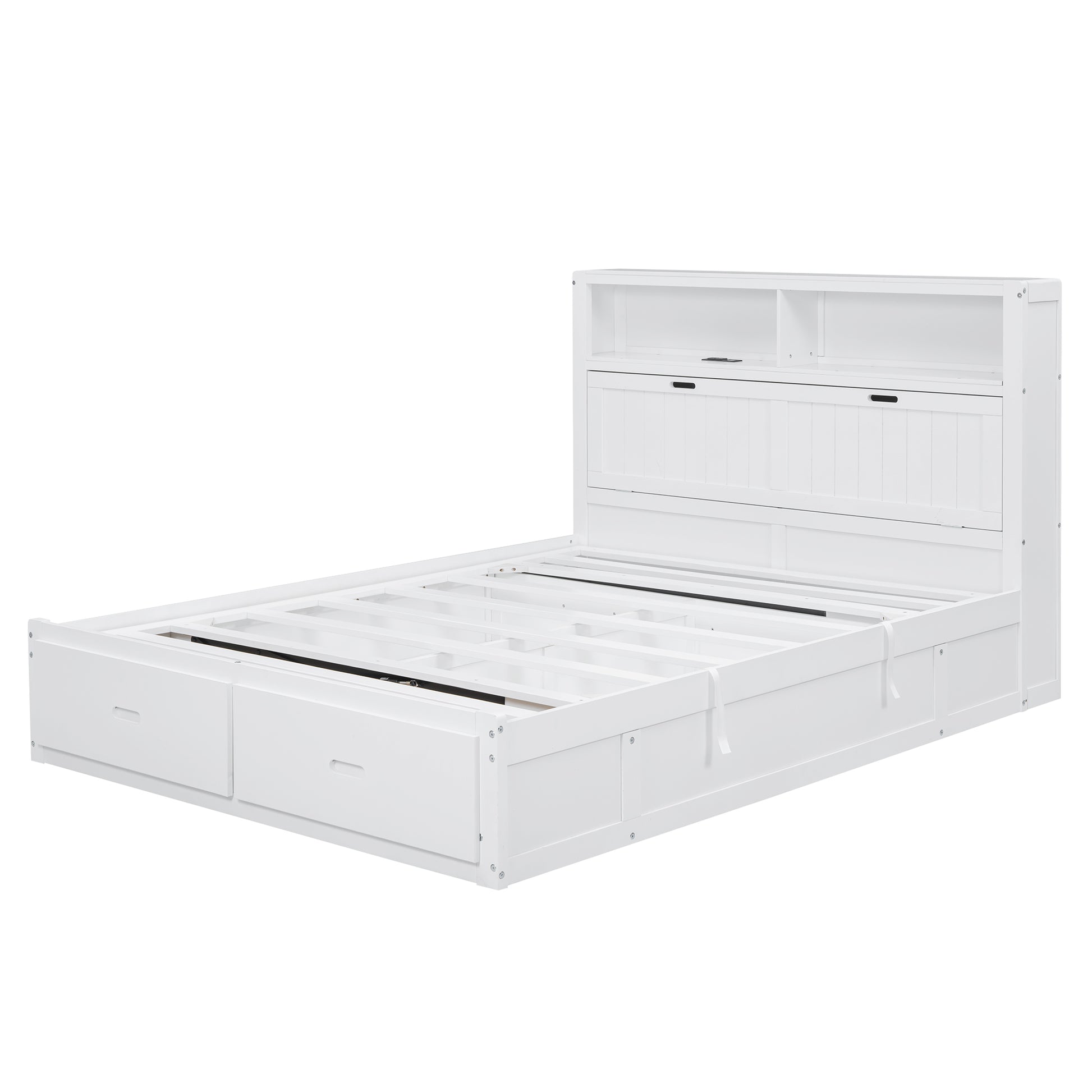 White wooden twin bed frame with storage drawers and bookshelf headboard