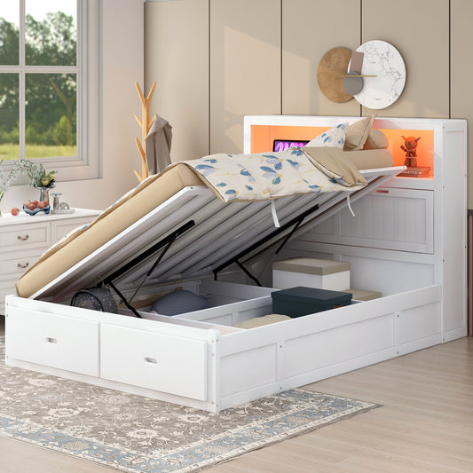 White upholstered storage bed with open liftup mattress and drawer storage