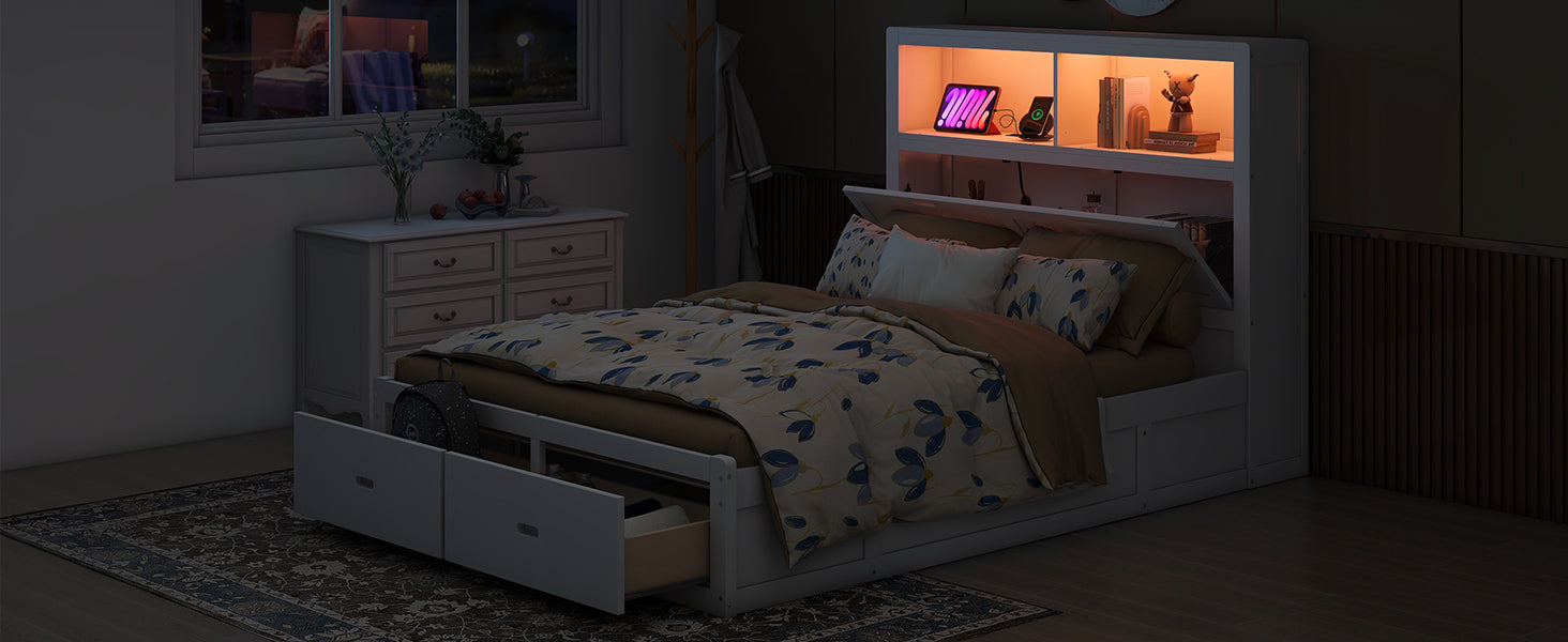 White storage bed frame with drawers and integrated headboard shelving with ambient lighting