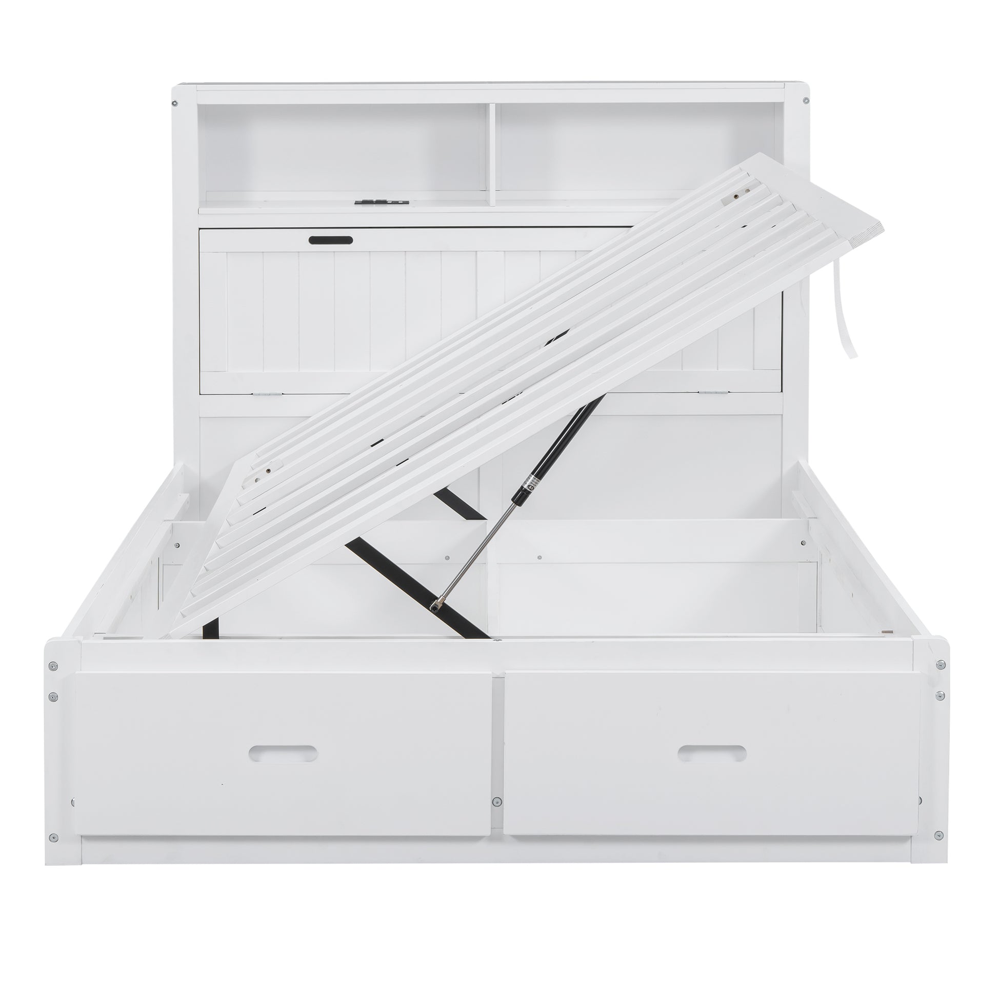 White wooden bed frame with hydraulic lift storage and two drawers below