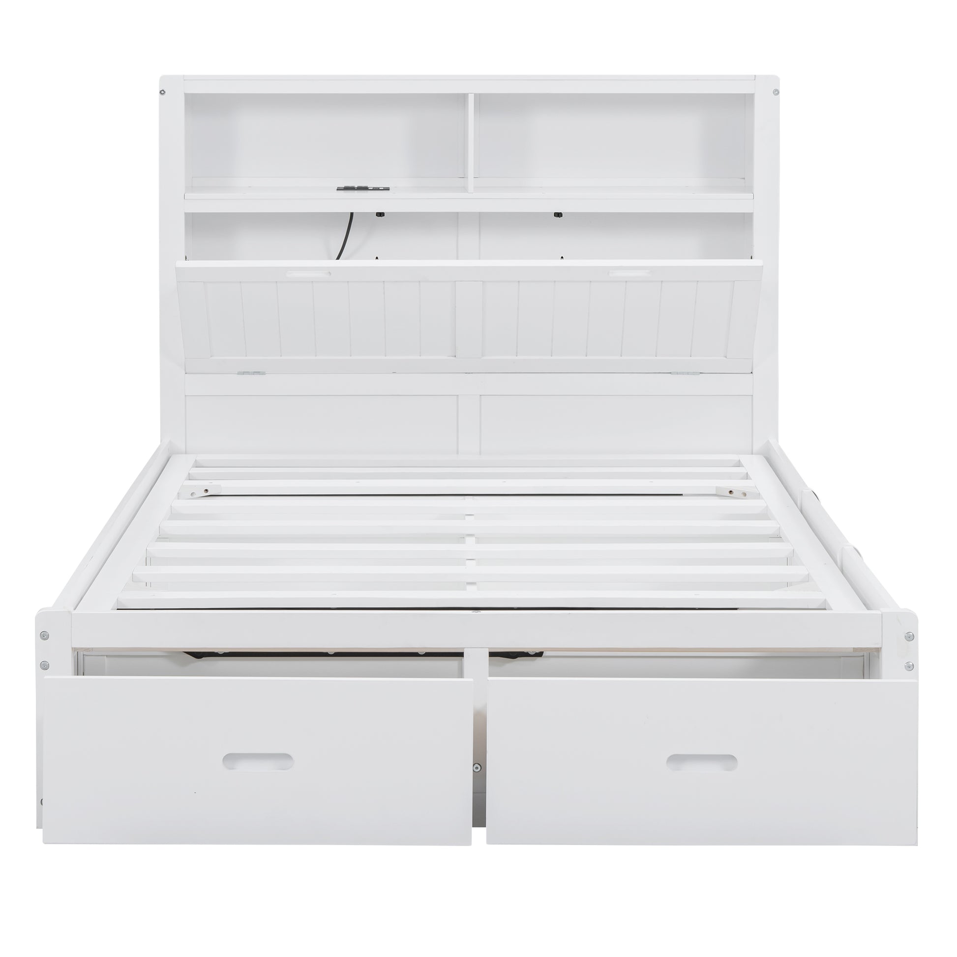 White wooden twin bed frame with builtin shelves storage drawers and USB charging ports