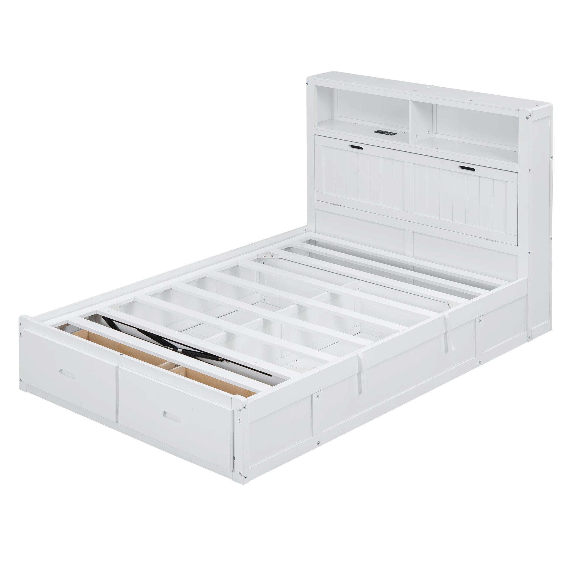 White wooden platform bed frame with storage drawers and bookcase headboard