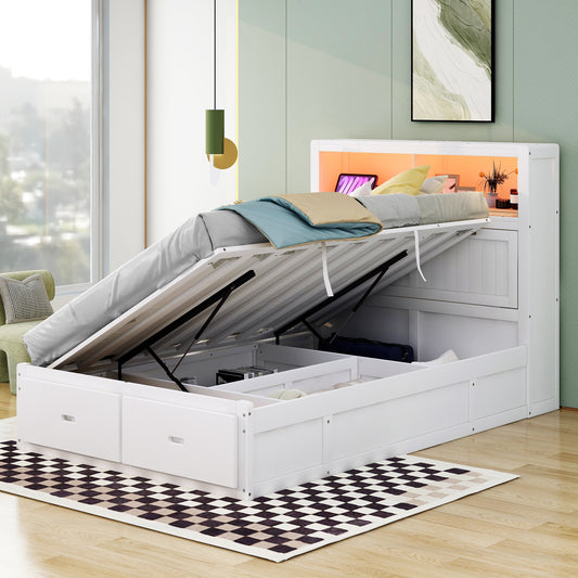 White wooden platform bed with liftup storage and builtin headboard lighting