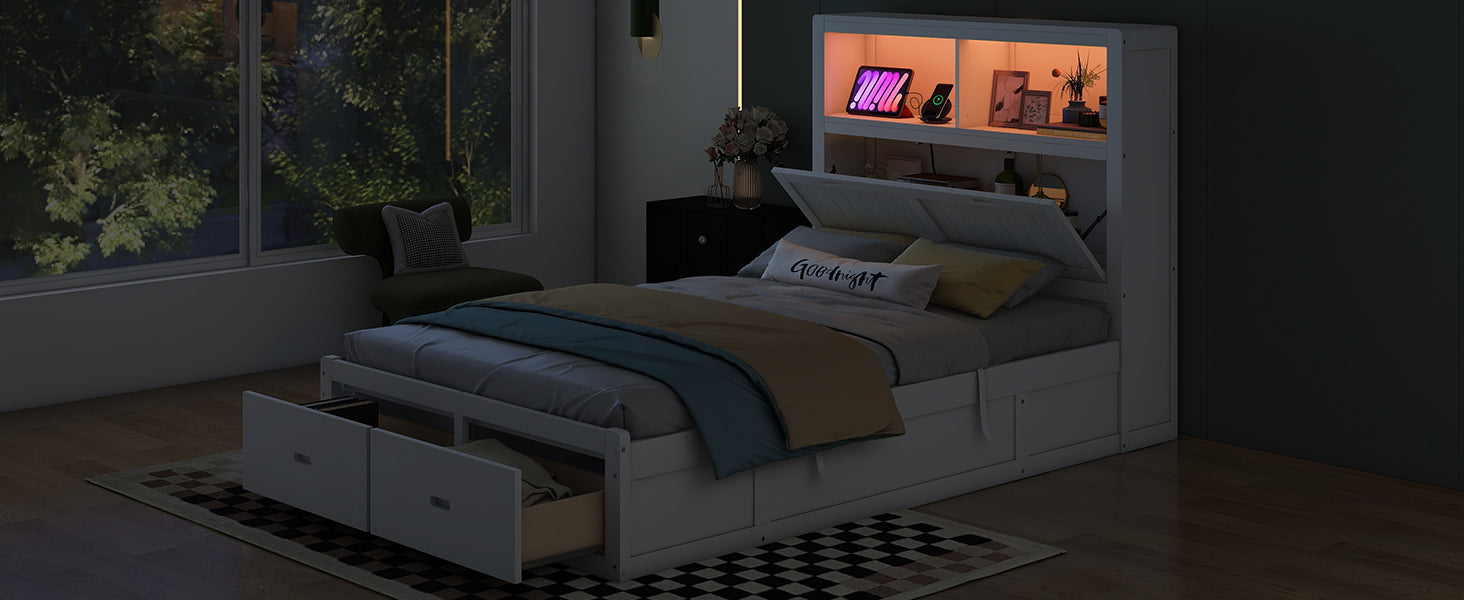 White wooden storage bed frame with drawers perfect for bedroom organization