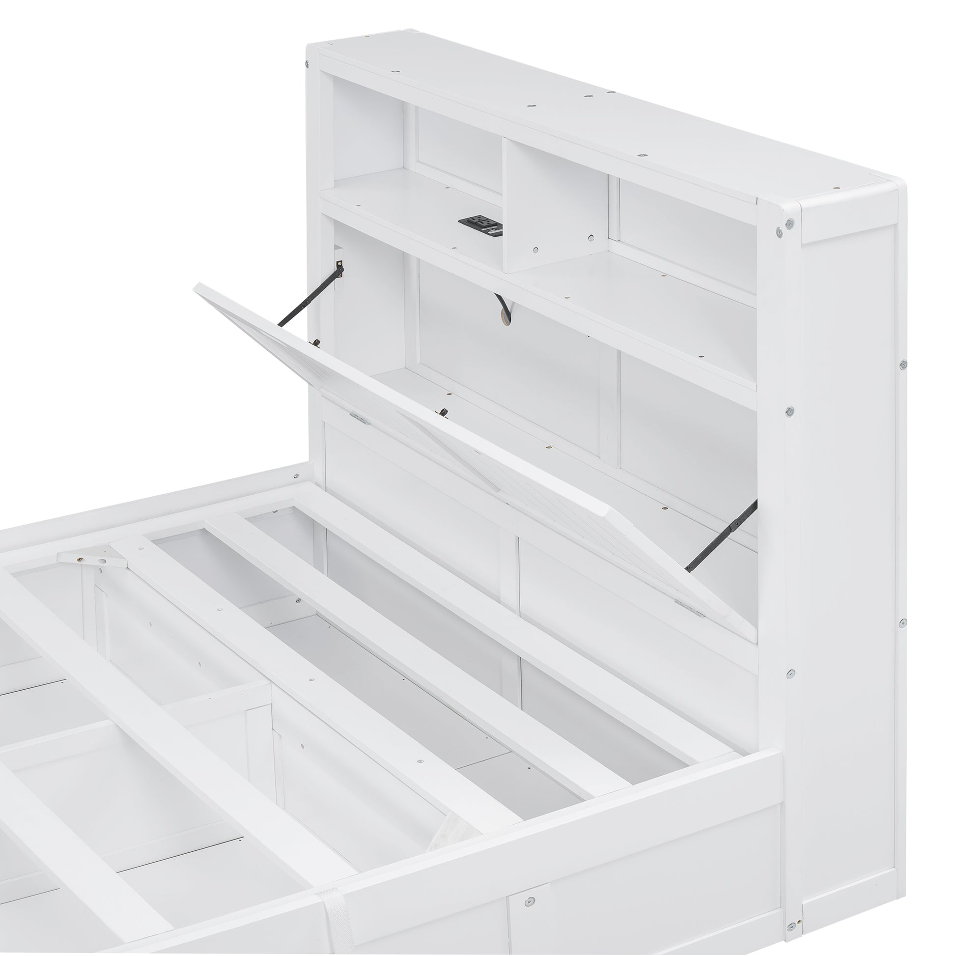 White twin bed frame with builtin bookcase headboard and storage shelves