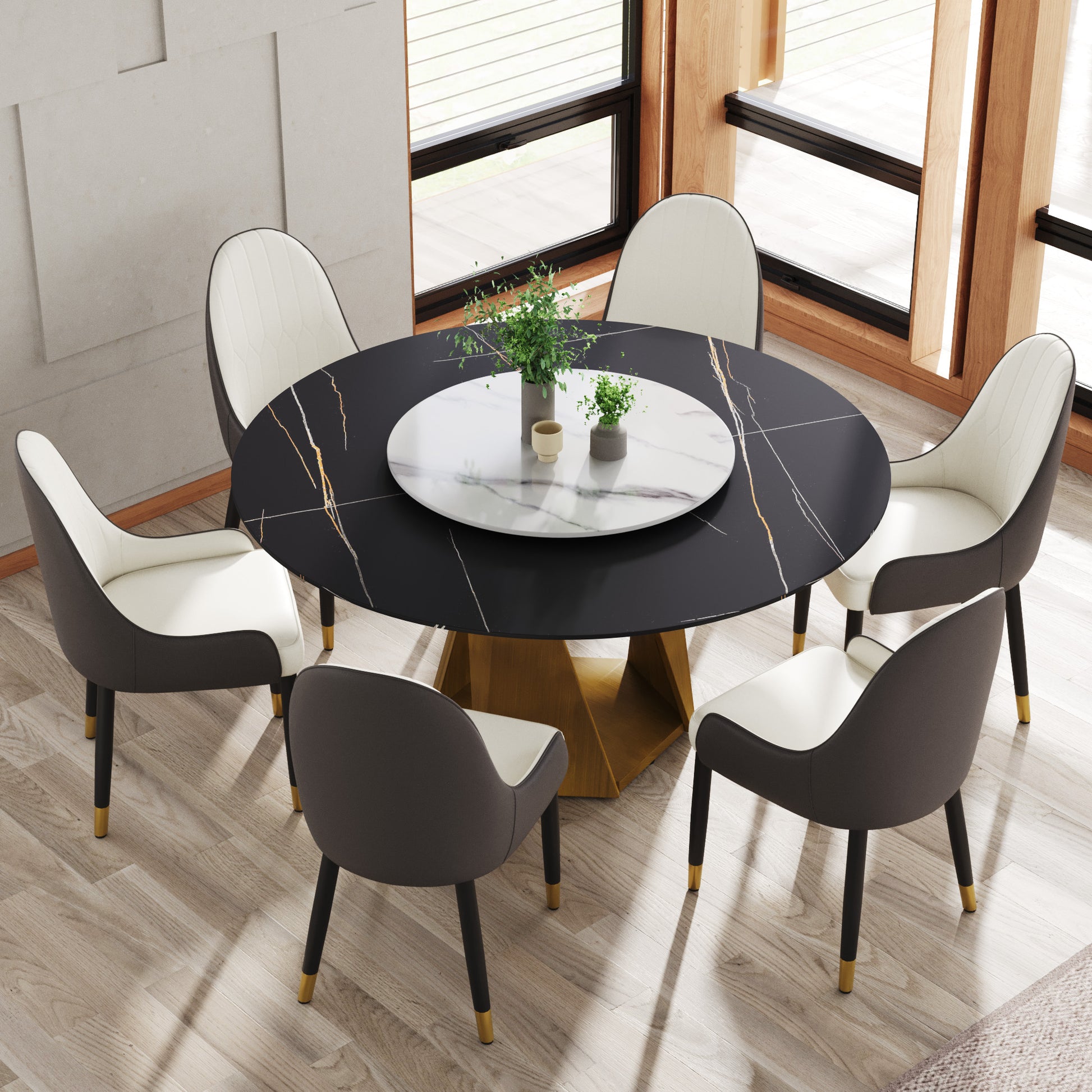 Modern black dining table with marble lazy susan and upholstered chairs