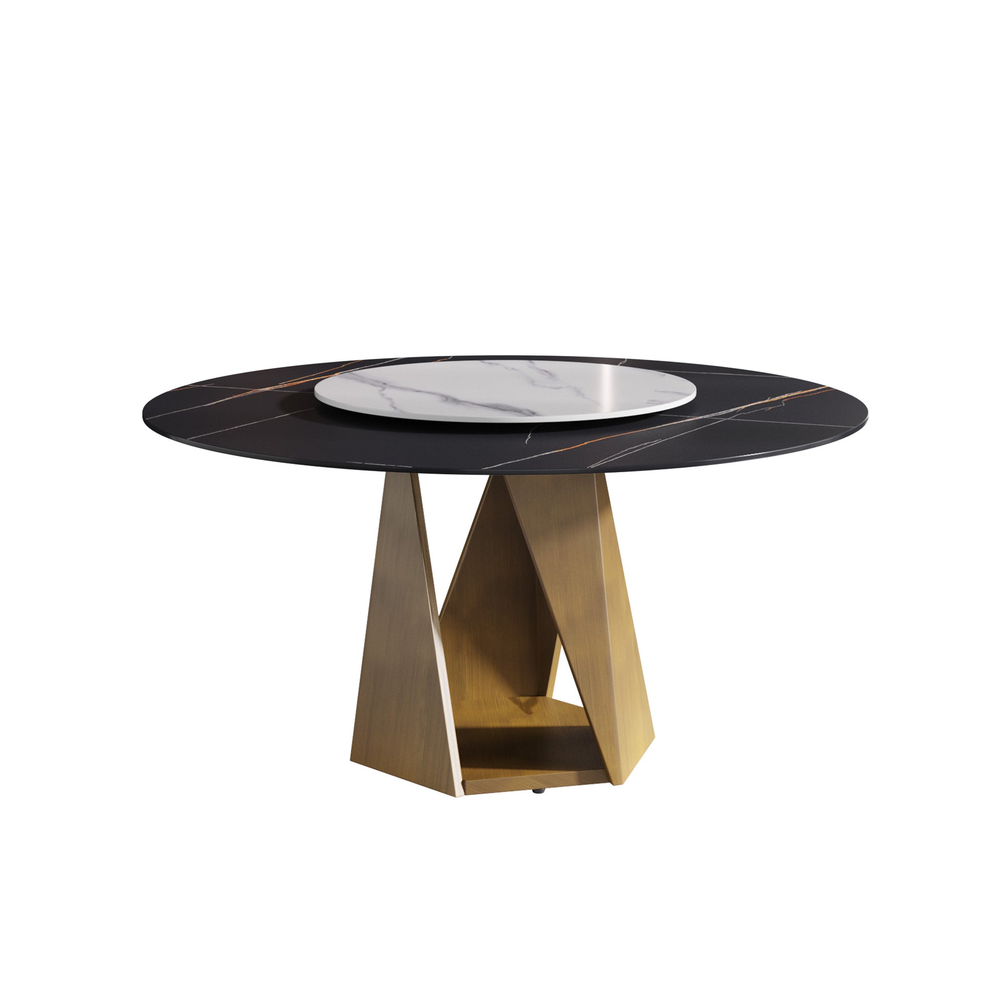 Black marble dining table with gold geometric base and white lazy susan