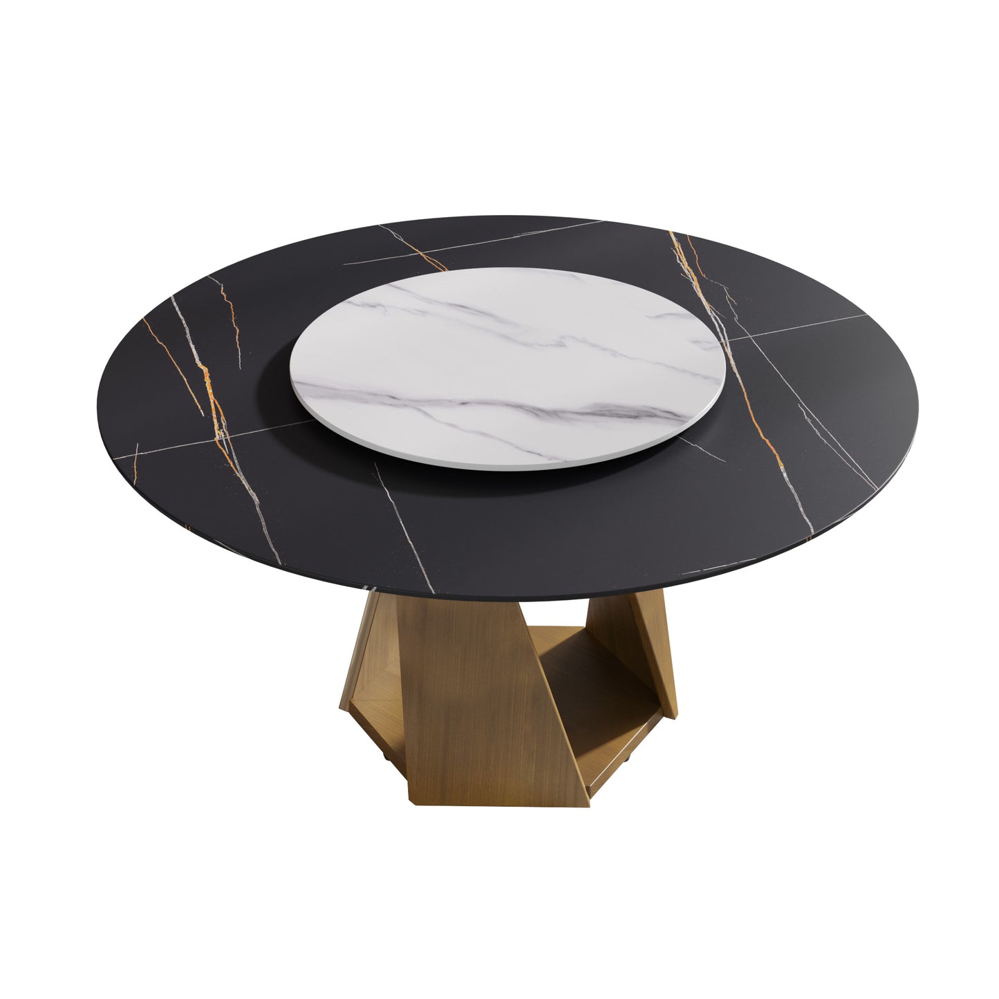 Round black marble dining table with gold veining and rotating white marble top