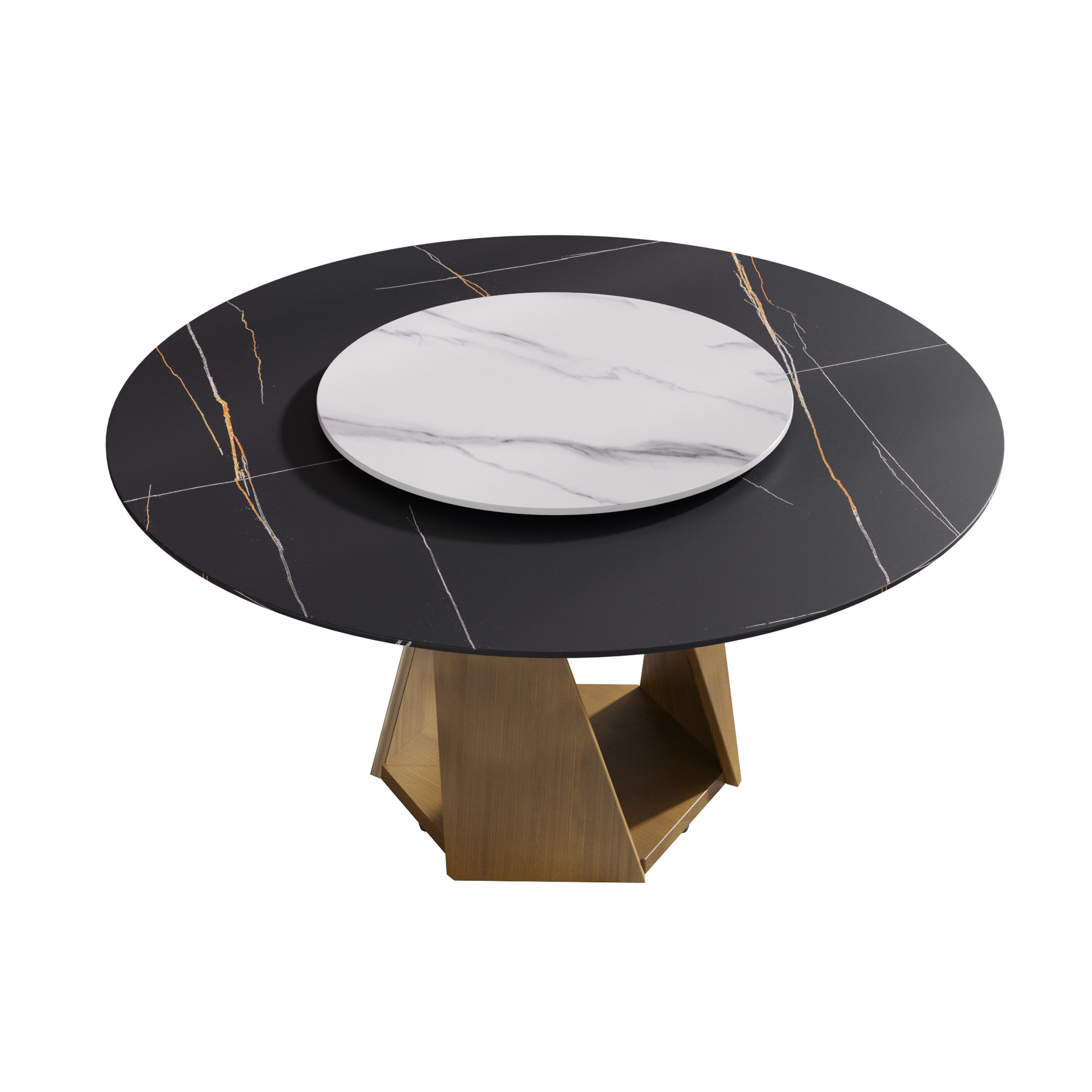 Round black marble dining table with gold veining and rotating white marble top