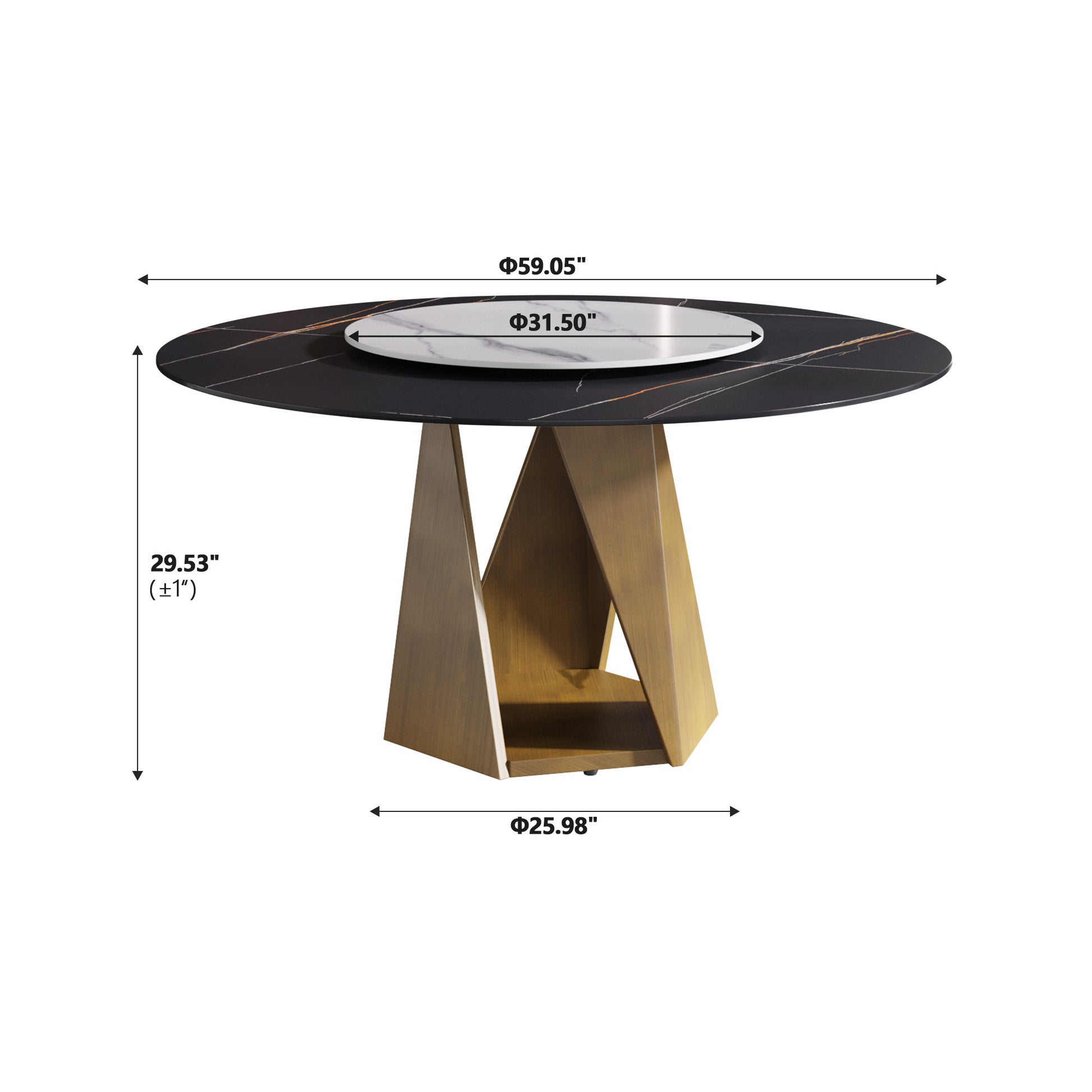 Round black marble dining table with brass geometric base