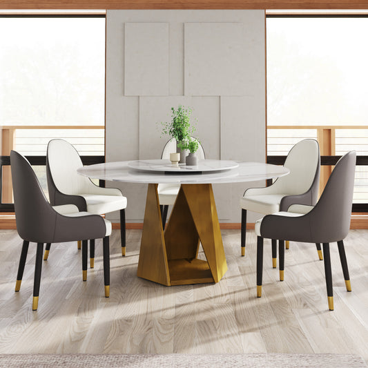 Modern round dining table with white marble top and gold geometric base