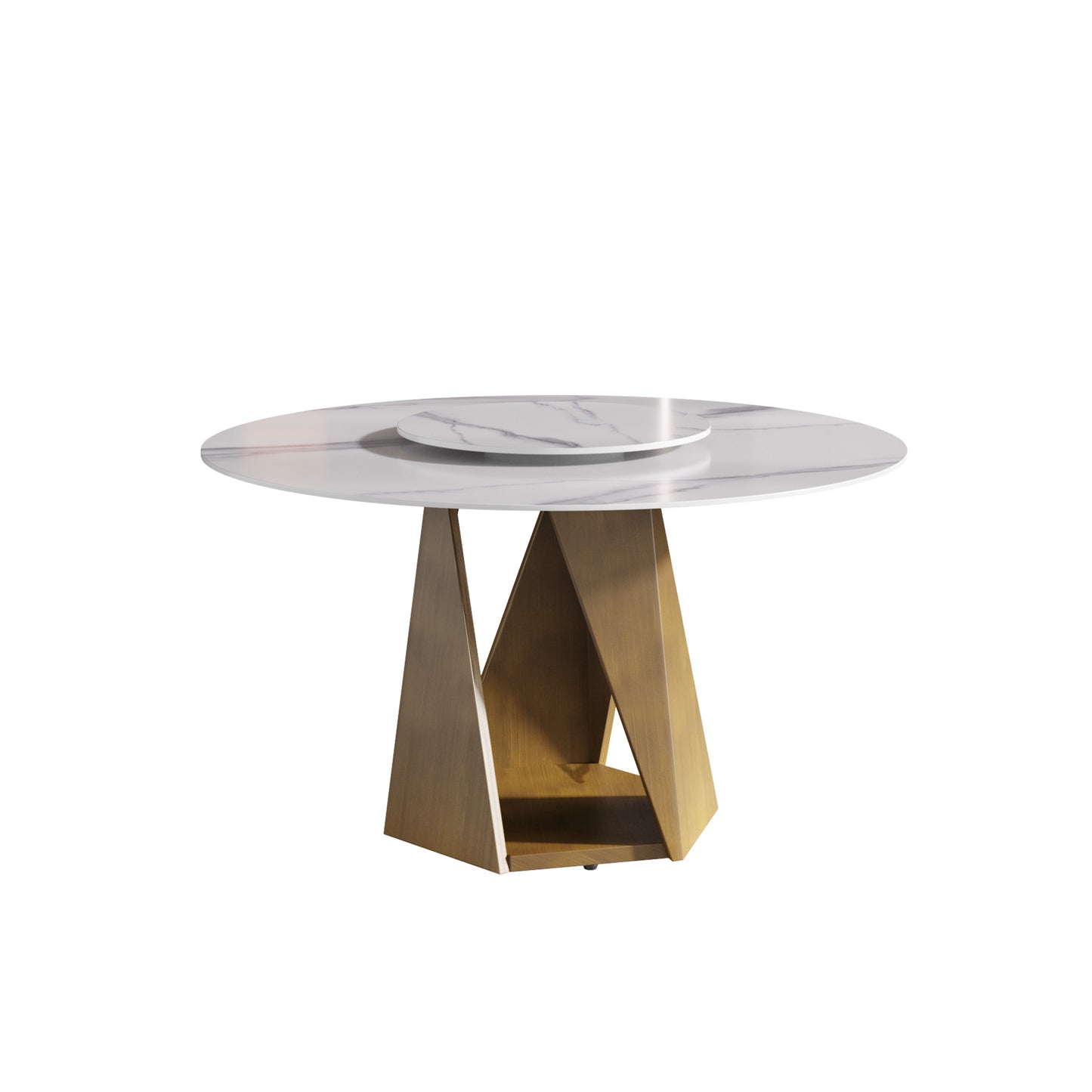 Round white marble dining table with gold geometric base