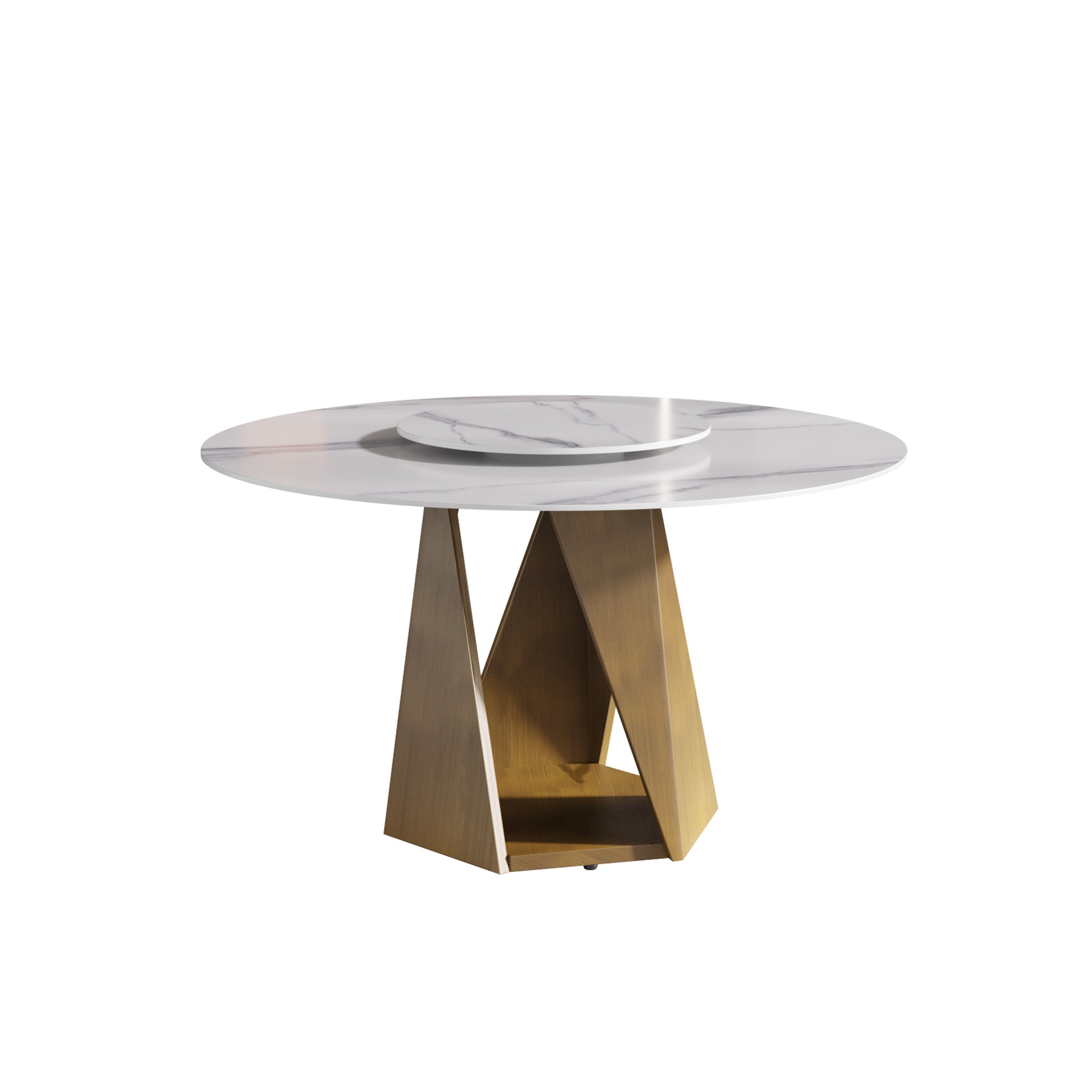 Round white marble dining table with gold geometric base