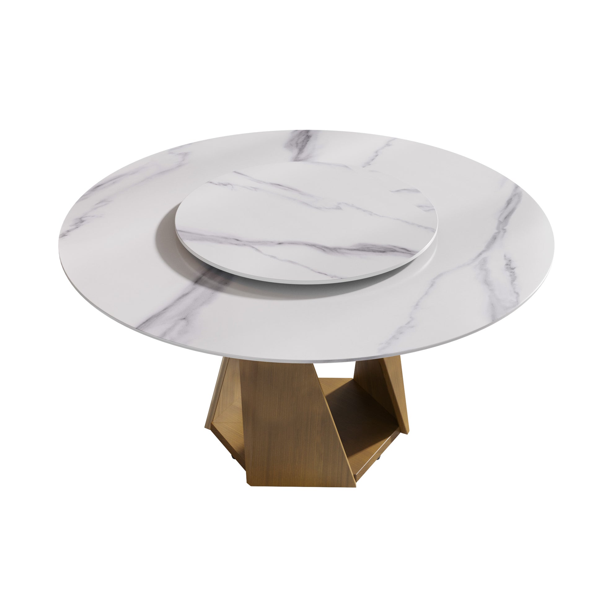 Round marble dining table with gold geometric base
