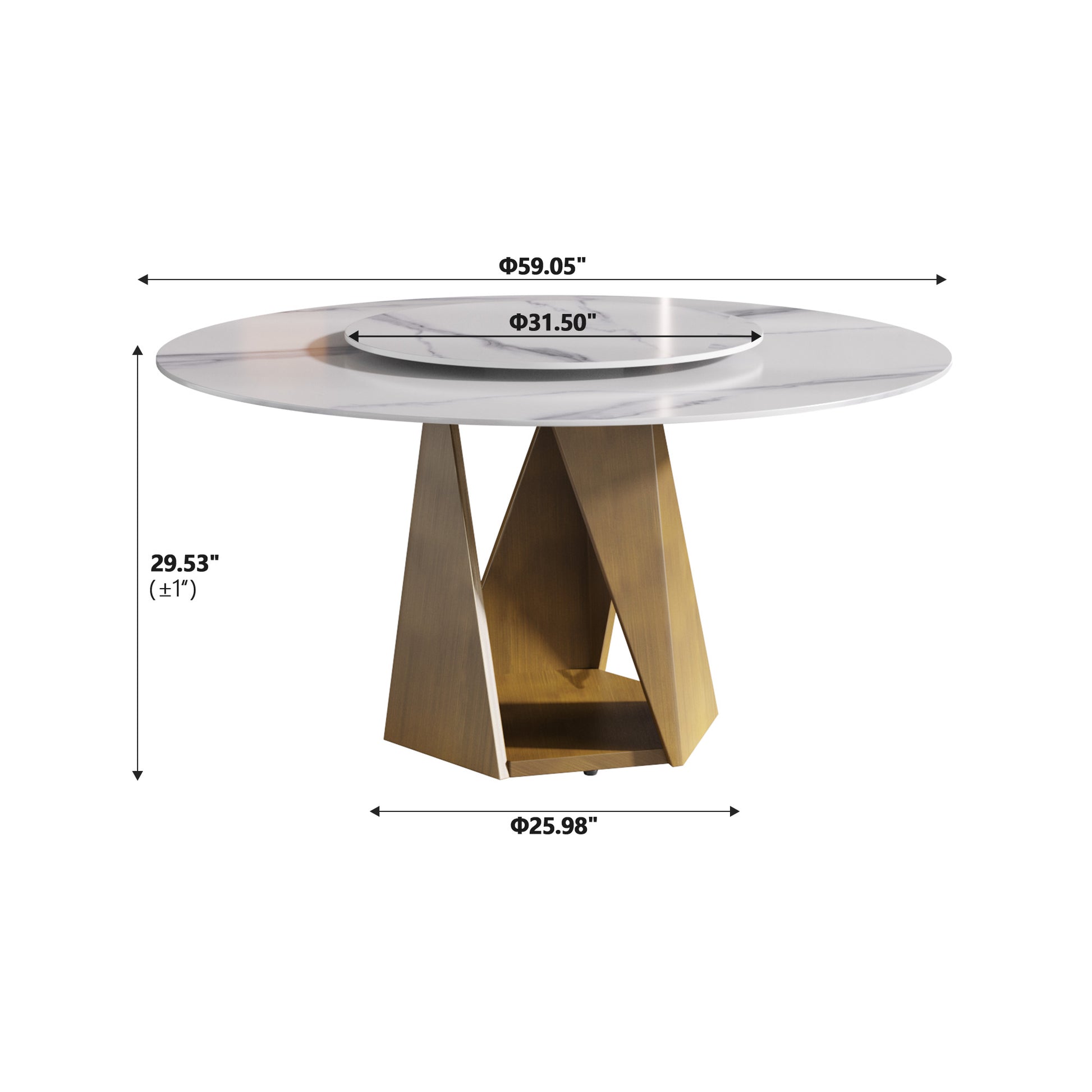 White marble top round dining table with brass geometric base