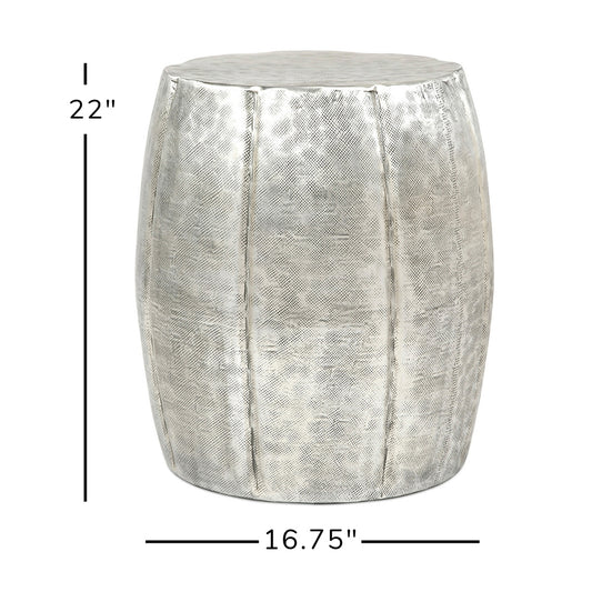 Silver hammered metal drum stool with textured finish  high