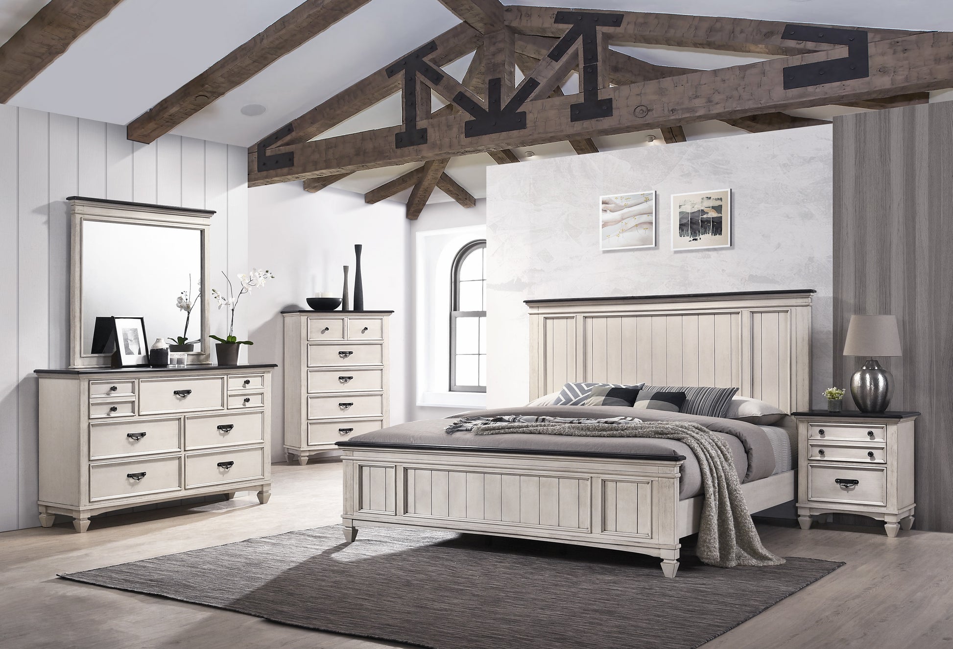 Farmhouse style white and black wood bed frame with paneled headboard