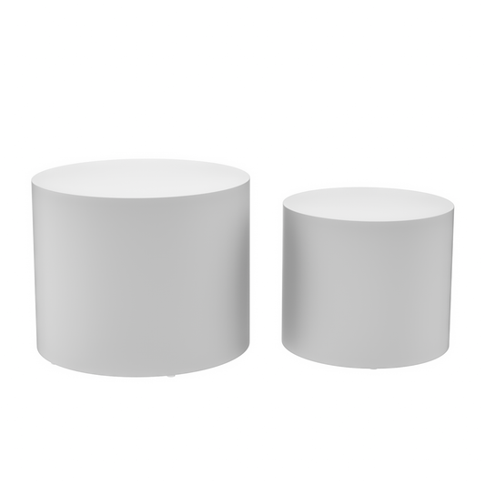 Pair of white cylindrical display pedestals perfect for retail or event staging