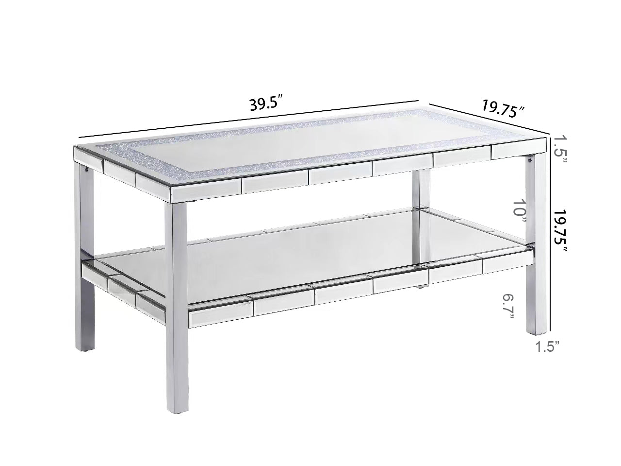 Mirrored coffee table with two shelves clear glass top and crystal accents