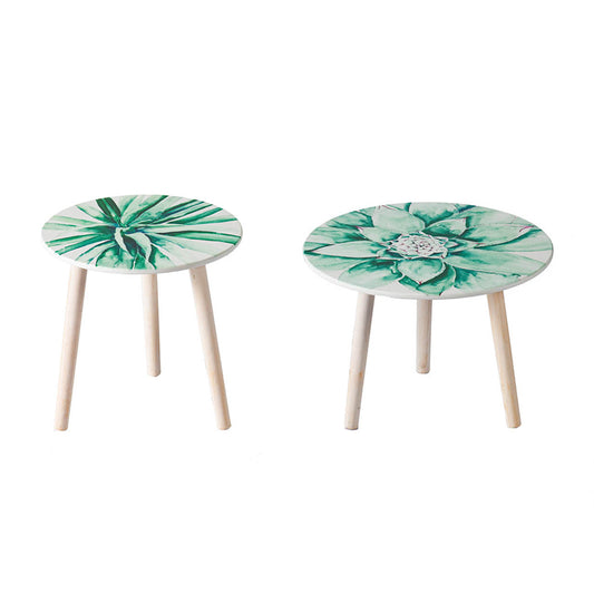 Round side table with green succulent print and light wood legs perfect accent for boho decor