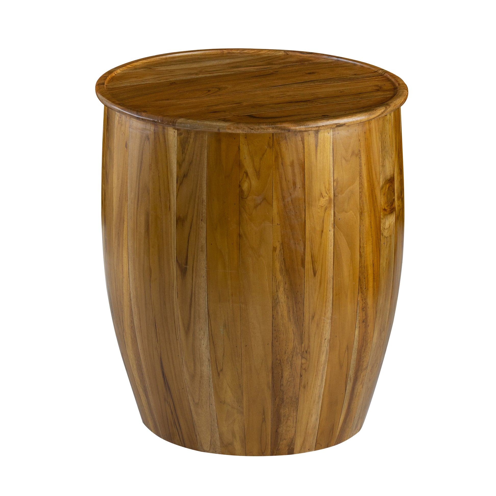 Barrelshaped teak side table with rich wood grain and a rounded top for rustic charm