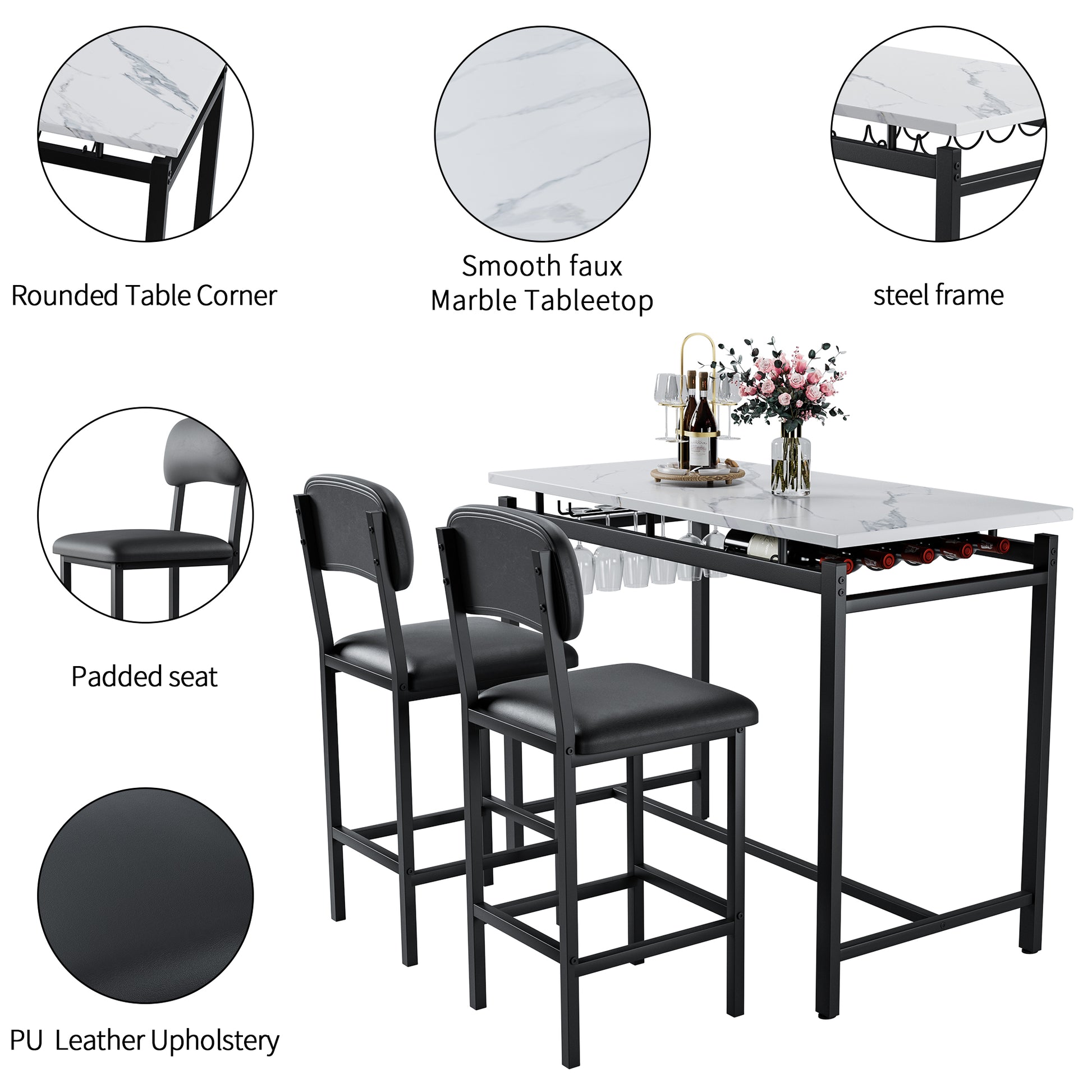 White marble bar table with two black PU leather bar stools