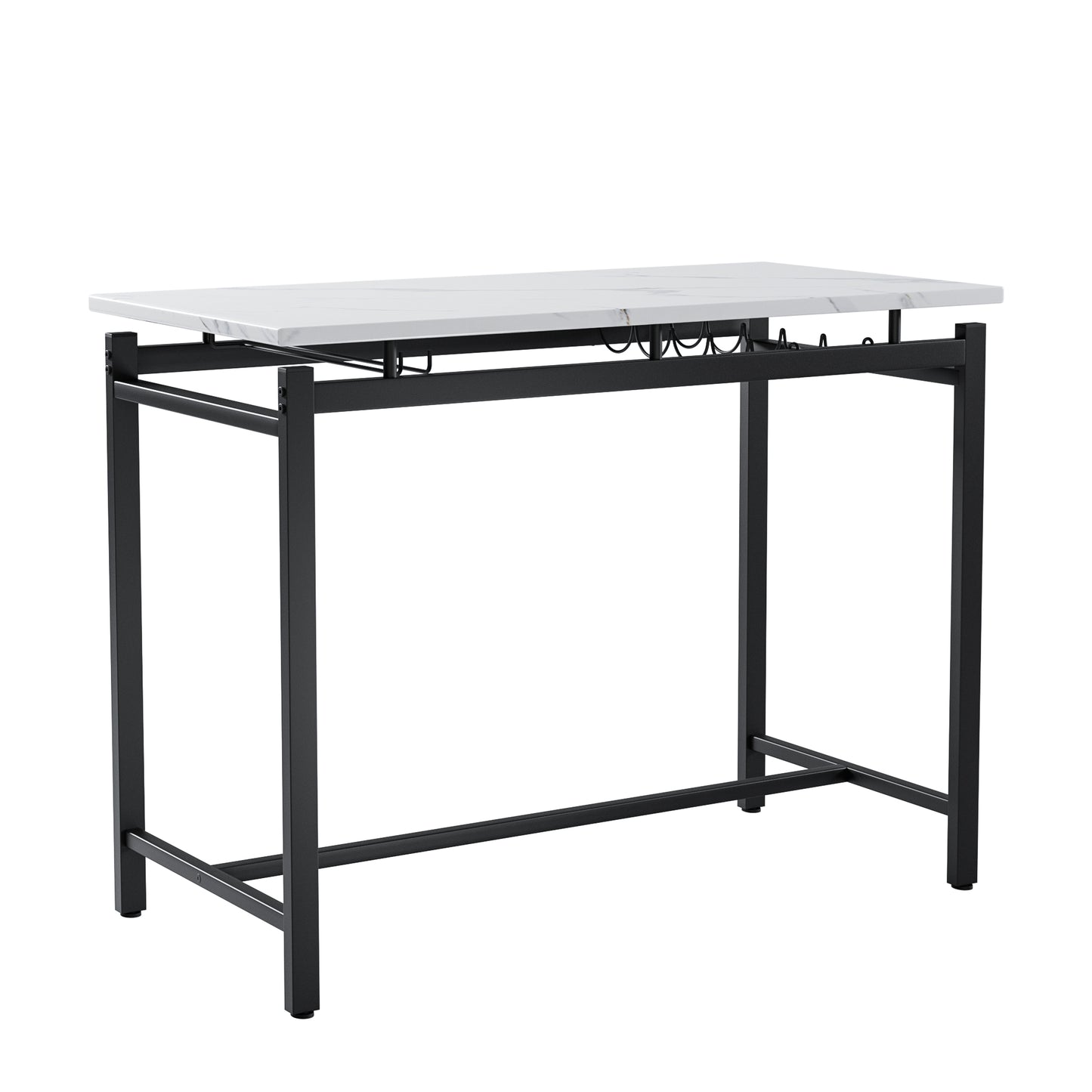 White marble top bar table with black metal frame and wine glass rack