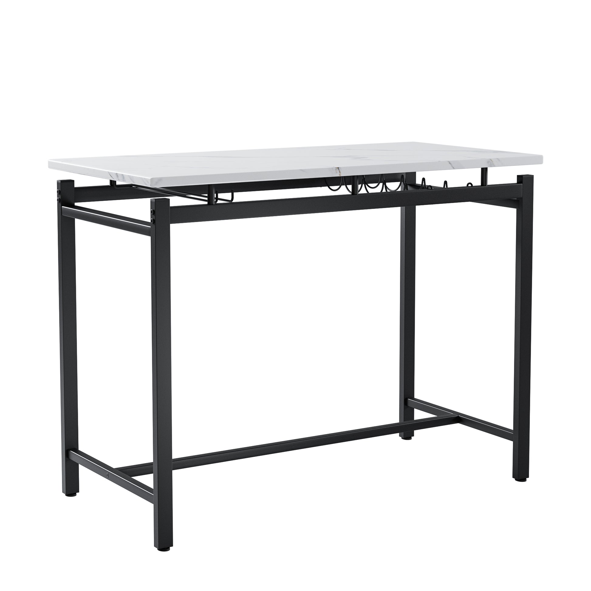 White marble top bar table with black metal frame and wine glass rack