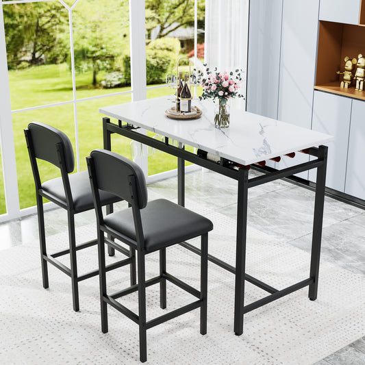 Marble top bar table with black metal frame and two faux leather stools
