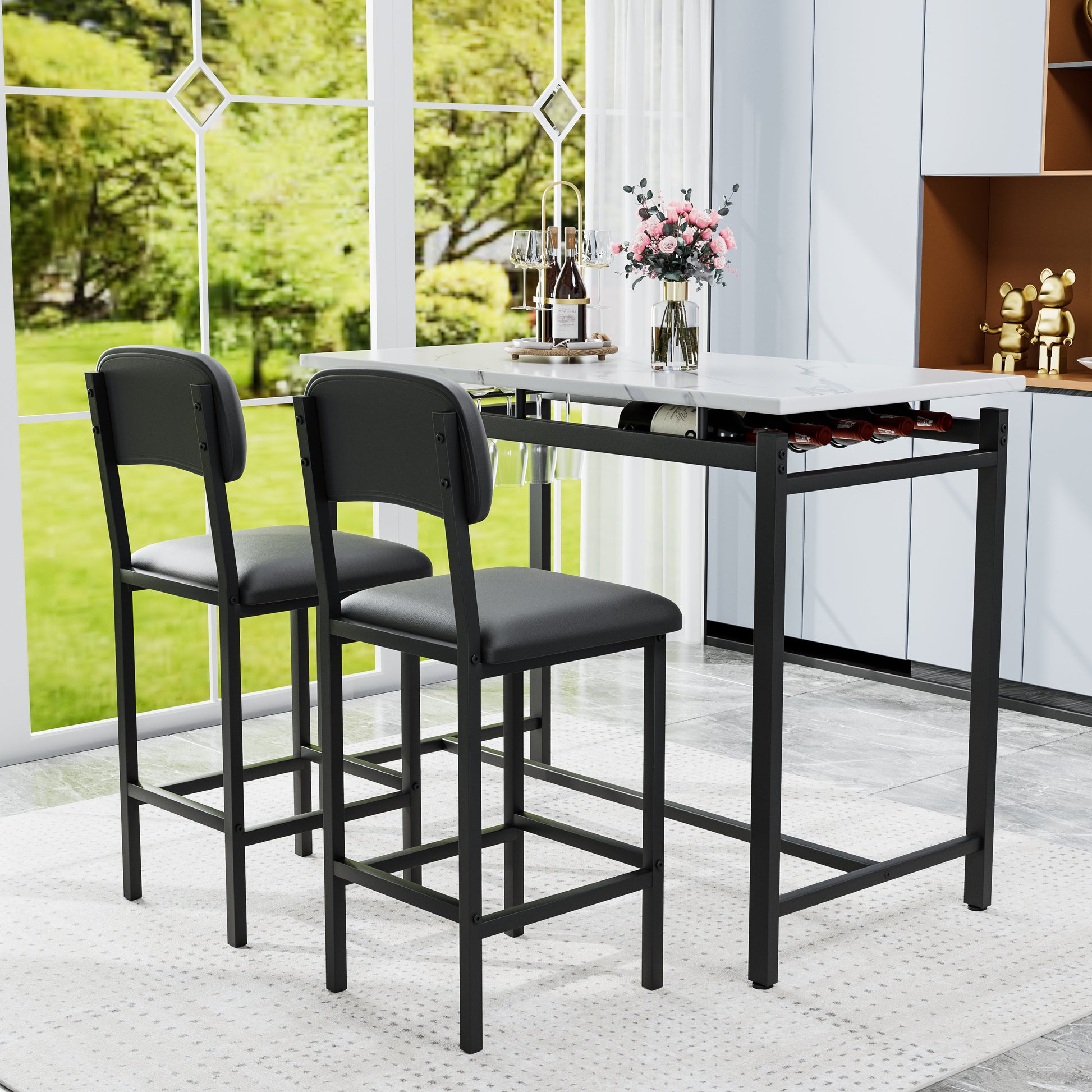 Black upholstered counter height stools with metal frames